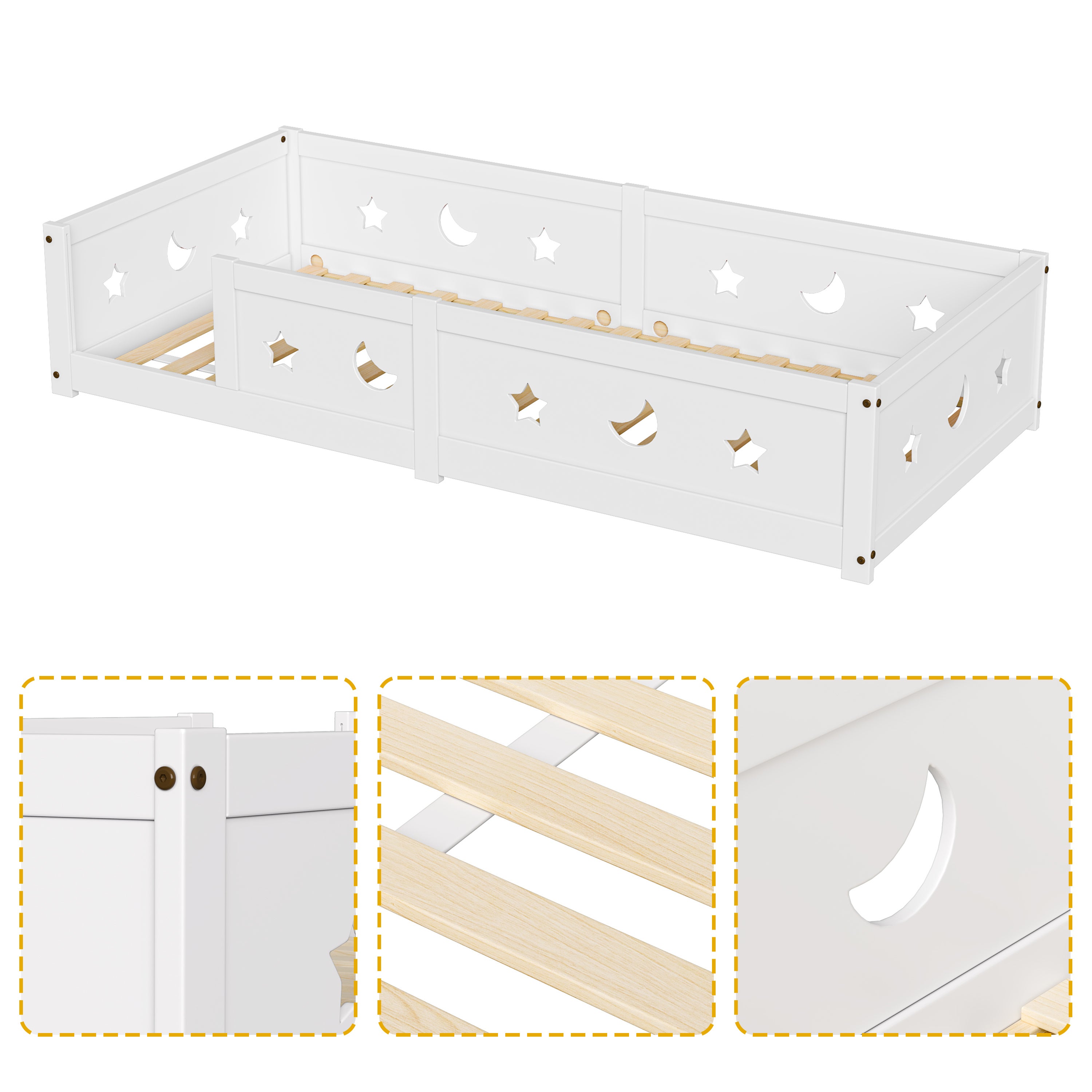 Lit enfant 90x200 cm - Lit évolutif 90x200cm - Lit avec barrière de sécurité - Motifs étoiles et lune - Lit au sol - structure bois massif - Blanc - 6