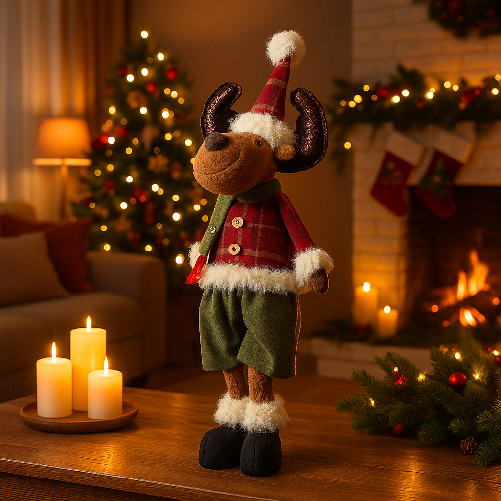 Renne de Noël en peluche de 64 cm avec écharpe et chapeau verts, décoration d'intérieur - 2