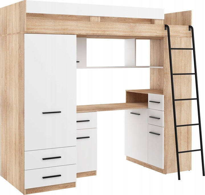 Lit Mezzanine 80x200cm avec échelle Placard, Bureau, bibliothèque et ...