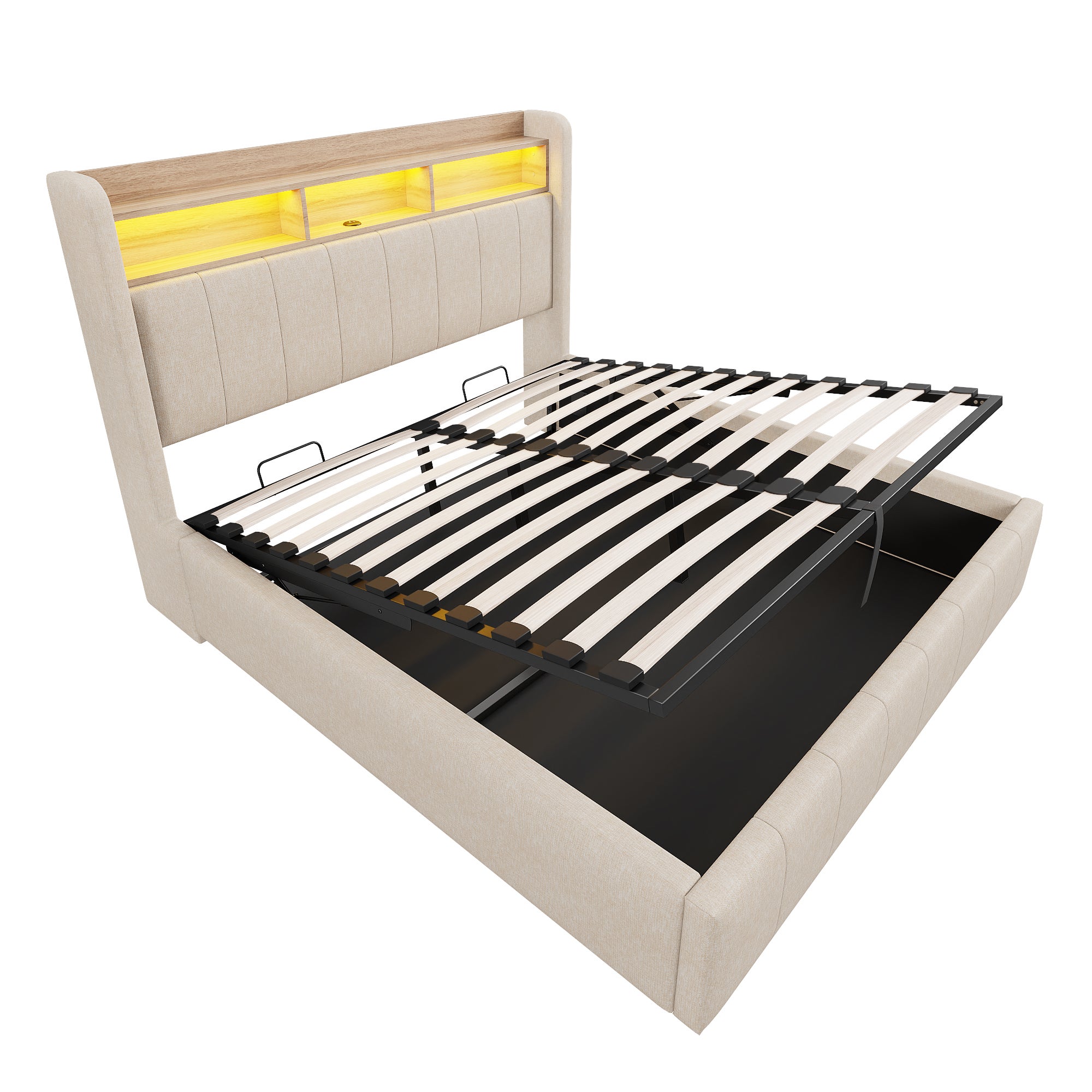 Lit double Lit coffre 140x200 cm avec LED et USB, tête de lit avec rangement, lin beige, sans matelas - 5