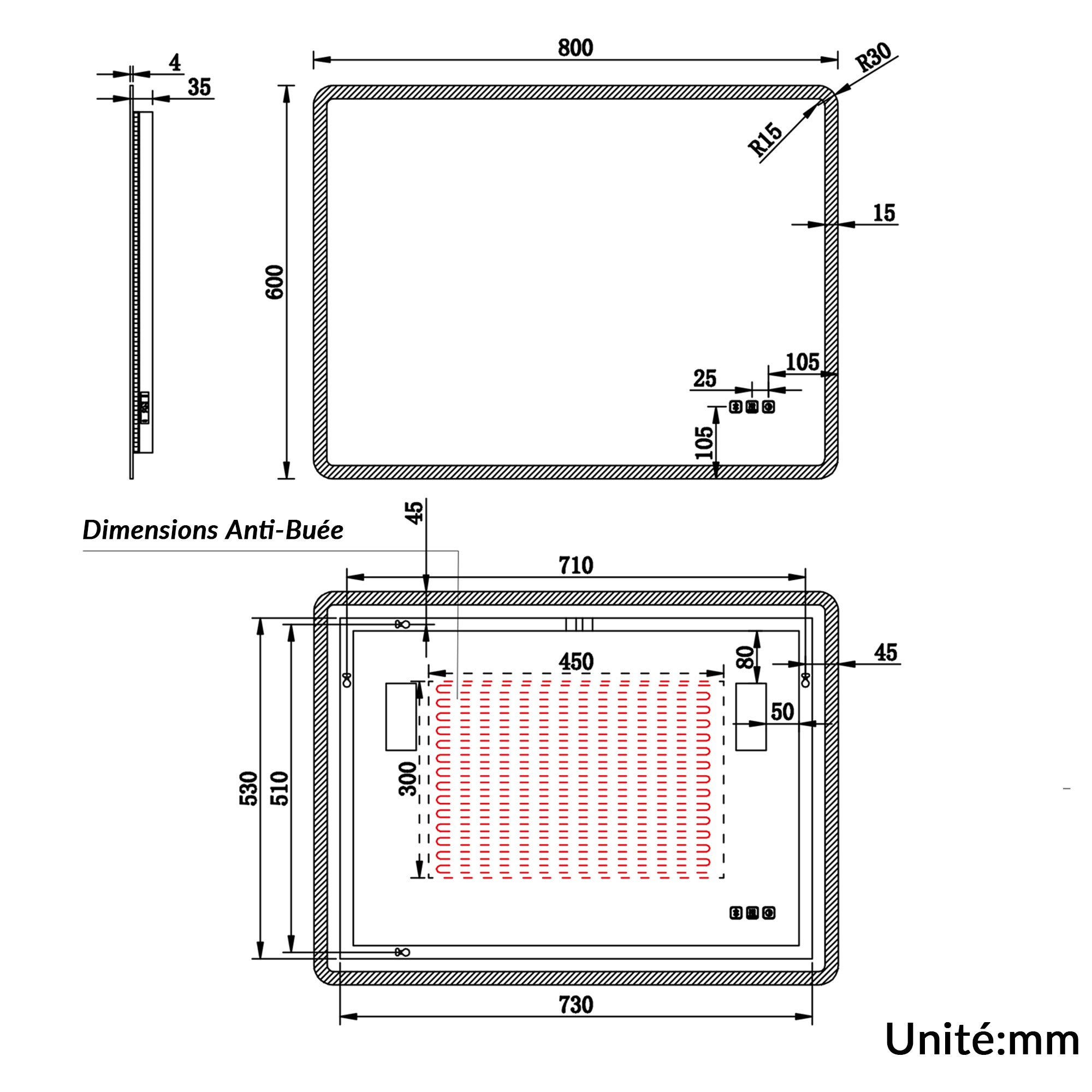 SIRHONA Miroir de Salle de Bain 80x60cm, Bluetooth,&nbsp;Anti-Buée Centrale, Lumière Bleue/Violette/Blanche, Prise Intégrée, Cadre Aluminium - 8