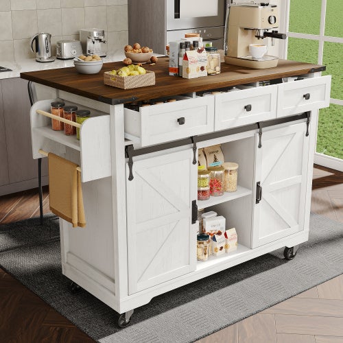 Carro de cocina beige con ruedas, bandeja abatible, 3 cajones y 2 puertas correderas, toallero y especiero - 2