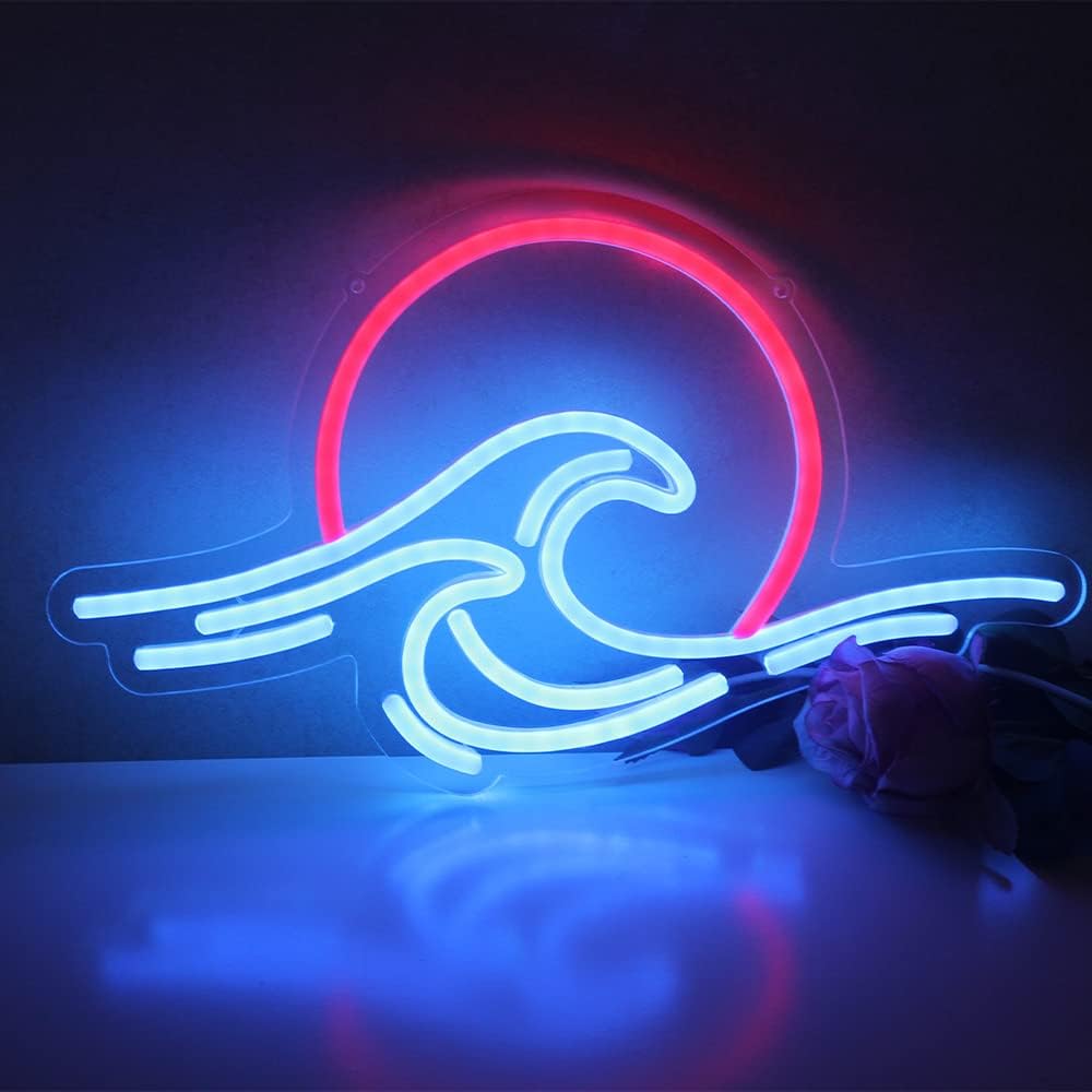 Neon LED Wave – 40 x 22 cm – Zachód słońca i morze – Fajna dekoracja ścienna – do salonu i sypialni
