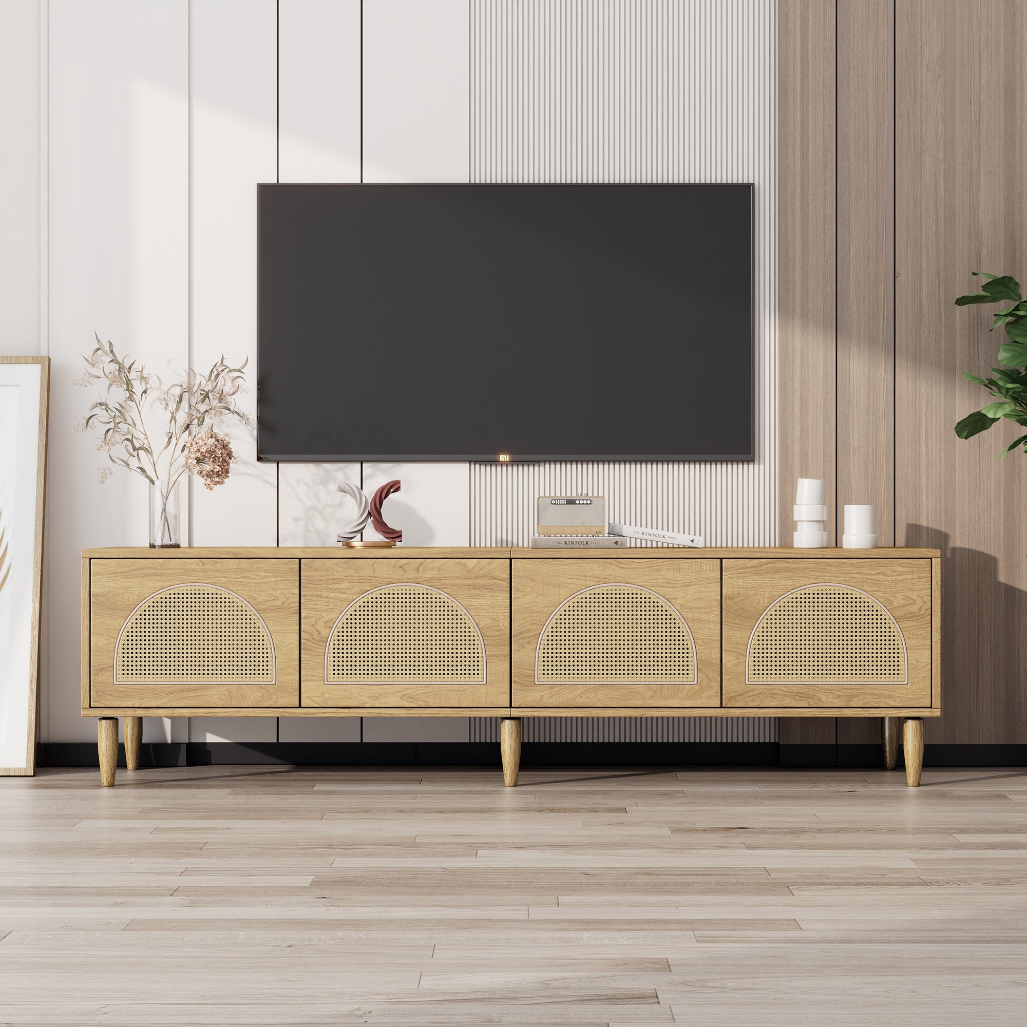 Meuble TV 180 Cm - 4 Portes En Rotin - Pieds Réglables En Hauteur Naturel 92575009 Meuble TV 180 Cm - 4 Portes En Rotin - Pieds Réglables En Hauteur Naturel 92575009