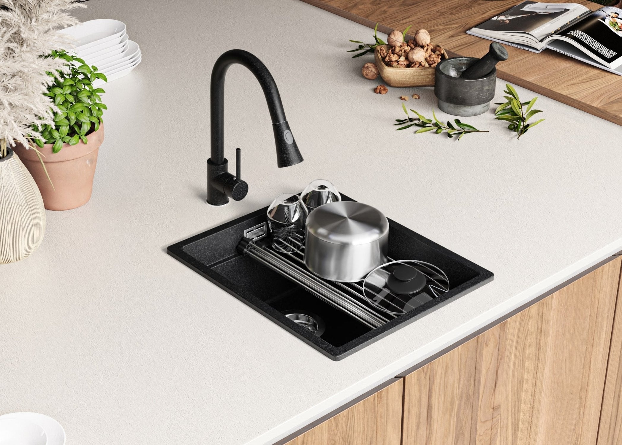 Evier Cuisine en Granit Graphite 41x47cm, Lavabo 1 bac + Kit de Vidage + Accessoire, Évier à Encastrer au meuble 45cm - Prague Slim PRIMAGRAN - 4