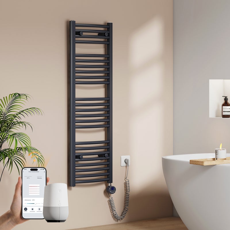 EMKE Grzejnik elektryczny łazienkowy Wygięta 120x40cm - Inteligentne Sterowanie z Programatorem Tygodniowym w Aplikacji - 500W - Matowy Antracyt