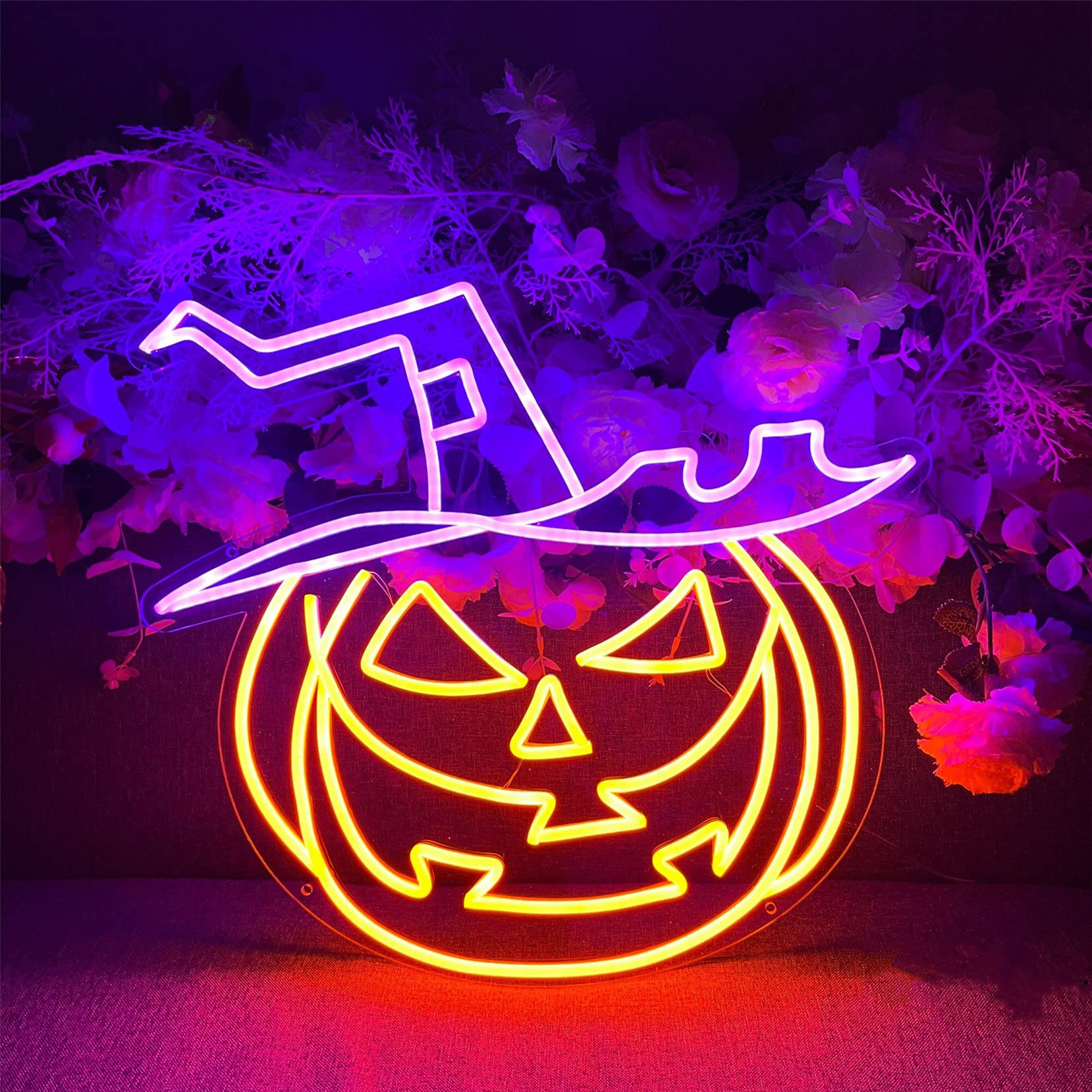 Dekoracja Halloween, Podświetlany znak Halloween z kapeluszem czarownicy i dynią, Dekoracja ścienna