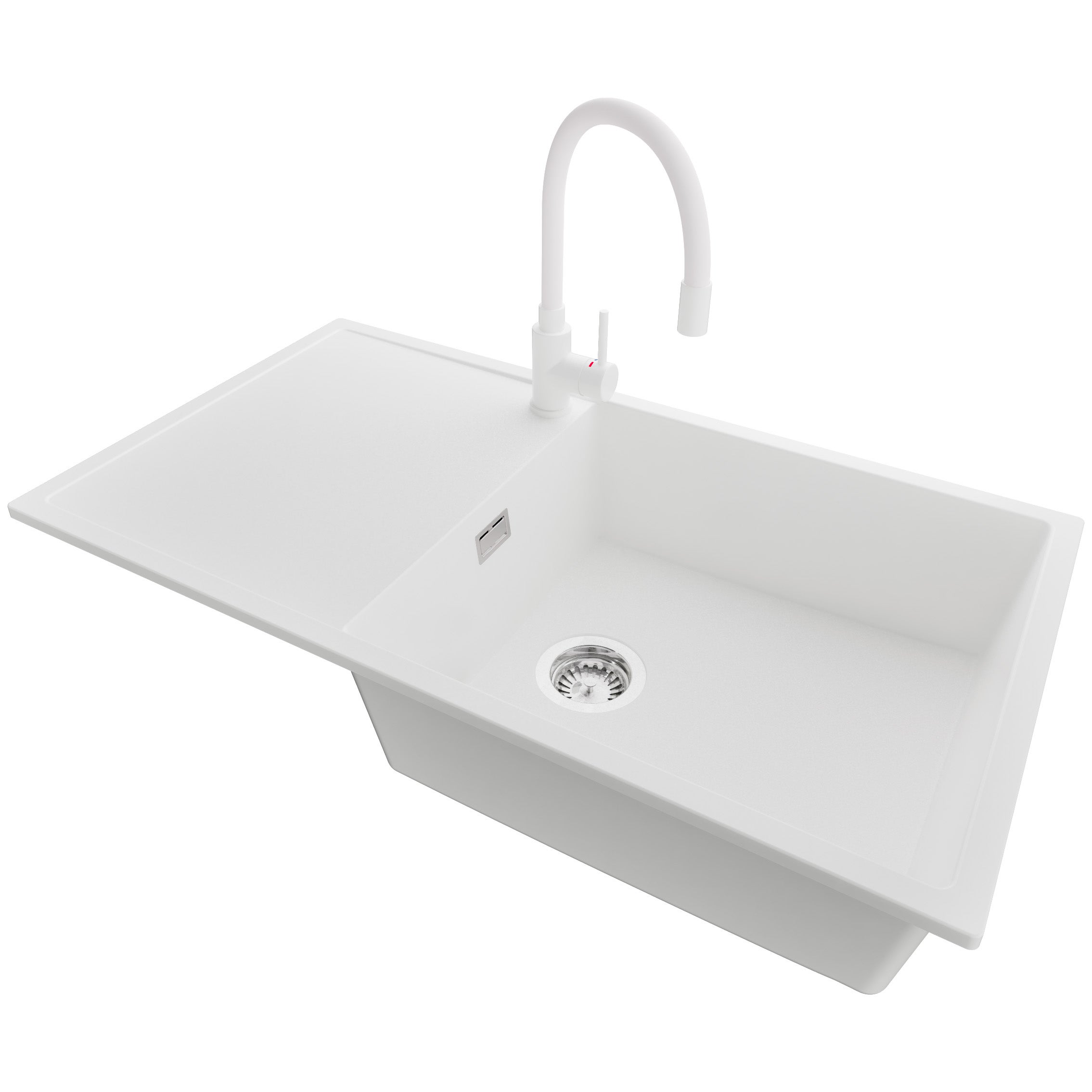 Zlewozmywak Granitowy Biały 90x50cm, Zlew Kuchenny 1 Komorowy + Bateria 38x14cm + Syfon, Nablatowy do szafki od 60cm - Ibiza PRIMAGRAN