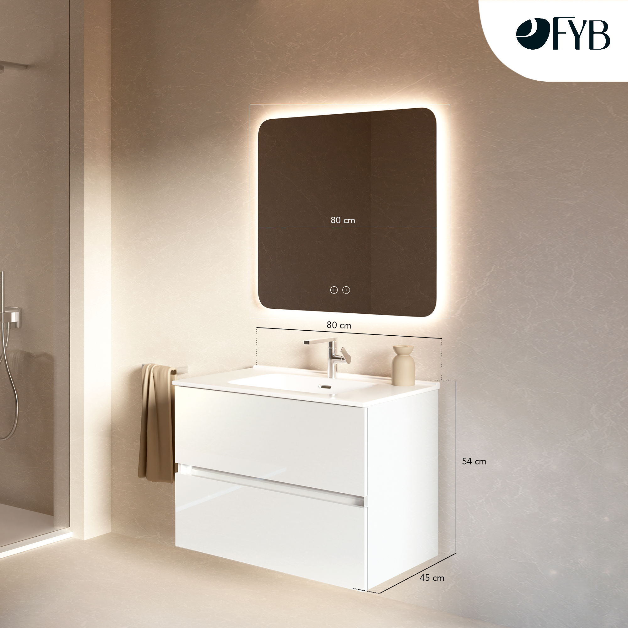 Feel Your Bath Meuble Salle de Bain LION 80 cm Blanc avec Plan Céramique Blanc et Miroir Carré LED Antibuée 80x80 – 2 Tiroirs Soft Close - 3
