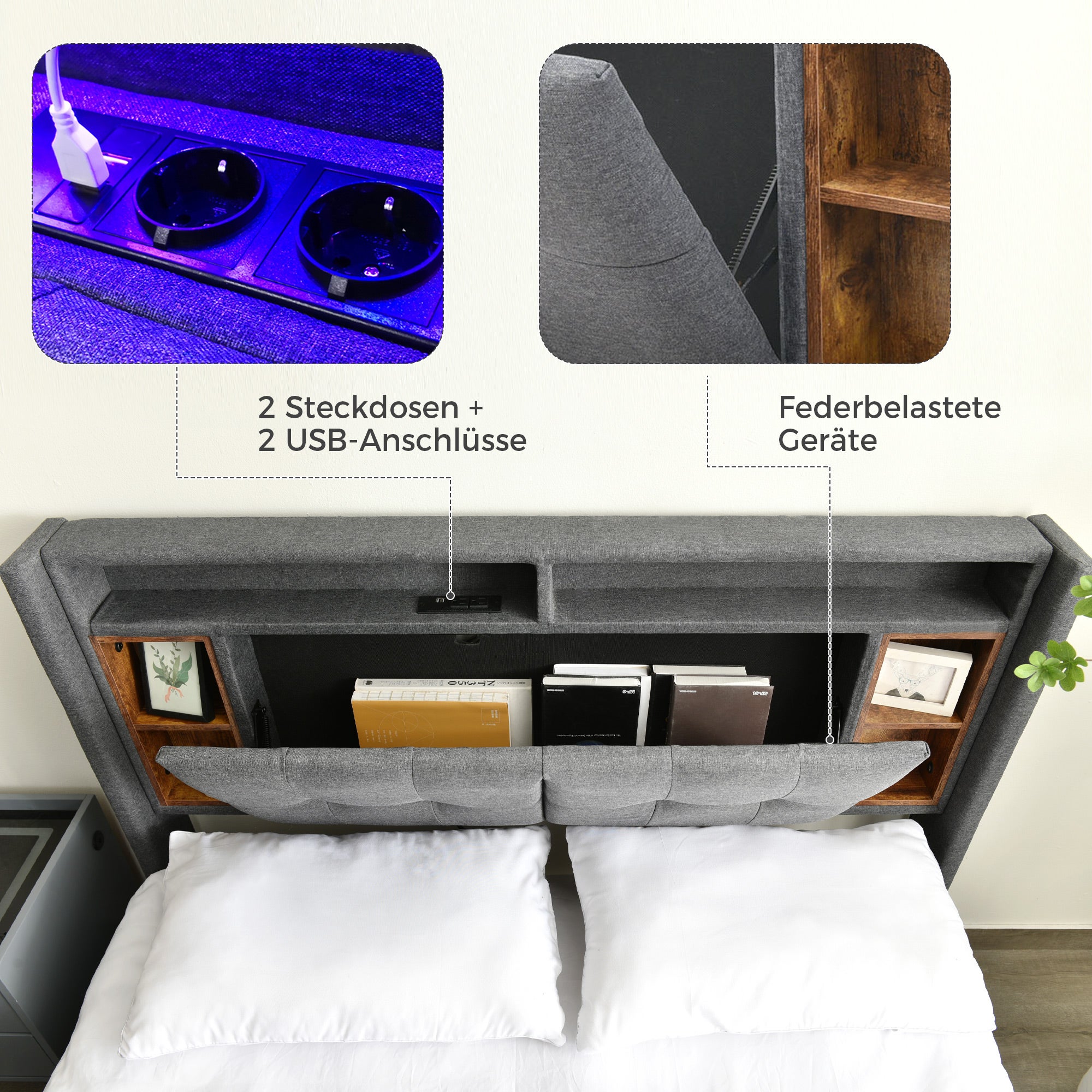 Letto imbottito 160 x 200 cm, testiera con ricarica USB e illuminazione LED, rete a doghe di legno, grigio - 6
