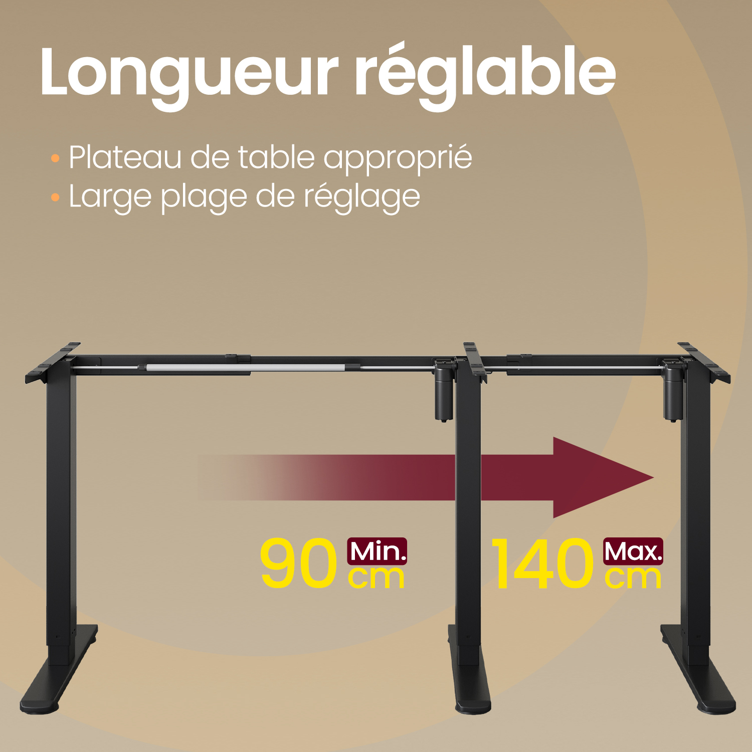 Cadre de bureau, sans plateau, support de bureau réglable en hauteur, 2 crochets, 3 hauteurs mémorisables, noir - 4