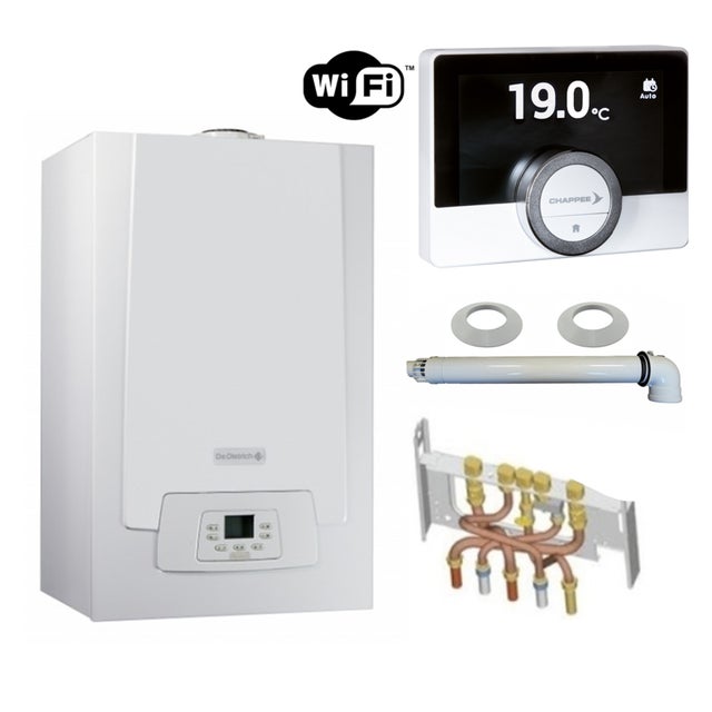 Chaudière Gaz Condensation MPX MI Slim De Dietrich 29 kW Complète (DOSSERET + DOUILLES + VENTOUSE) avec thermostat WIFI connecté