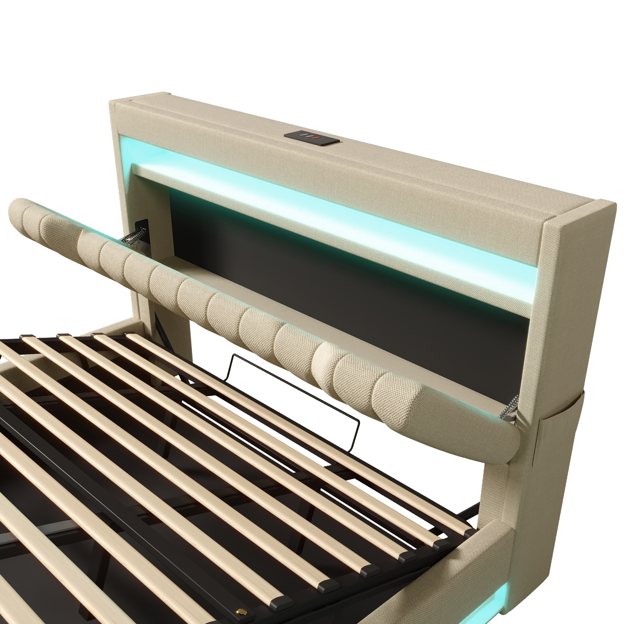 Cama con almacenamiento adulto 140x200 cm, cama doble con USB, Type-C, LED y almacenamiento, en lino, beige - 7