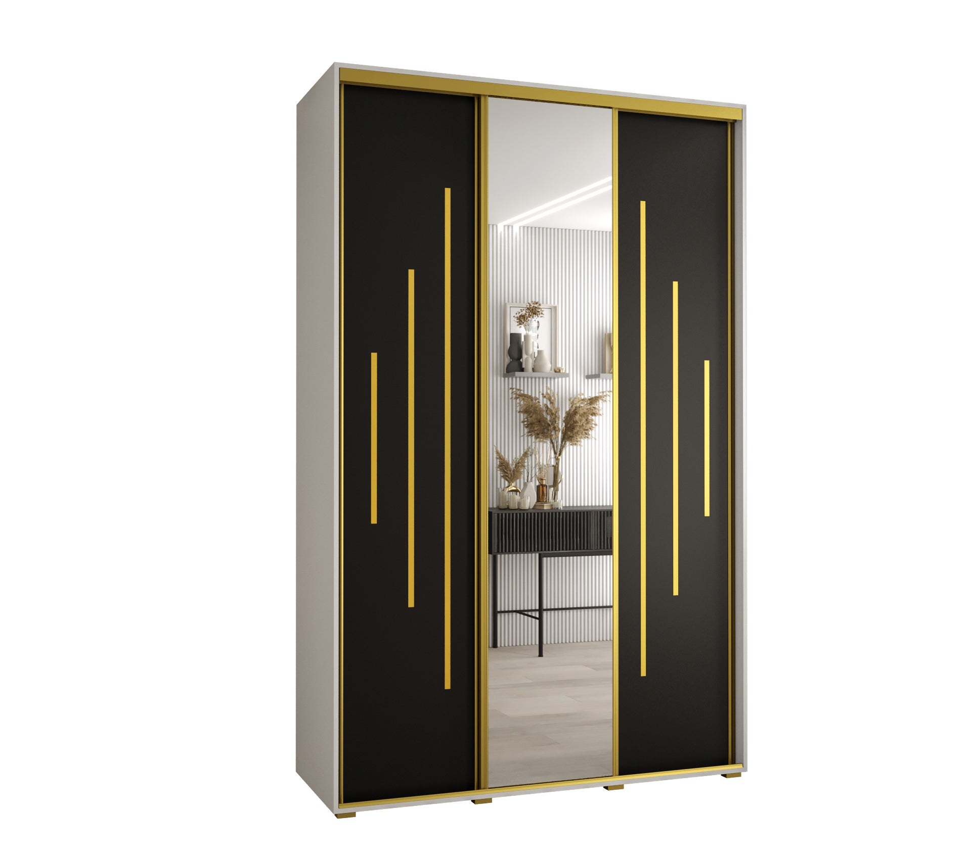 Szafa przesuwna z lustrem wysoka Davos 13 150 x 60 x 235,2 cm biały + czarny + u. złoty - Abiks Meble