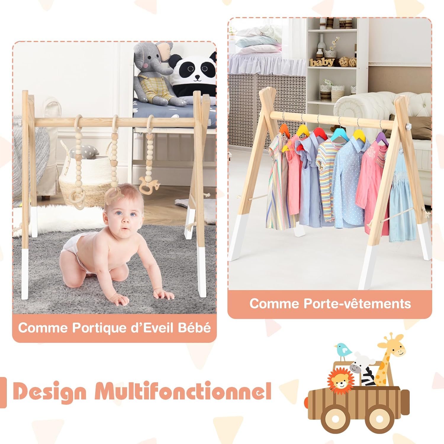 SKIKHN Arche D’Éveil En Bois Pour Bébé – Lot De 4 Jouets à Suspendre – Poussette, Siège Auto, Lit – Dès 0 Mois – Gris