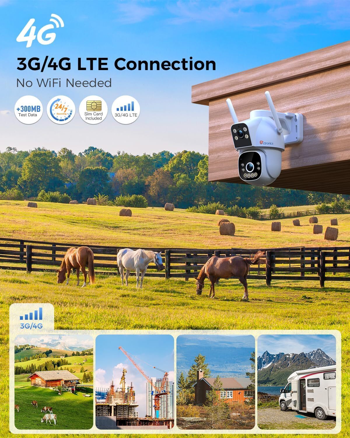 Caméra de surveillance 4G LTE Ctronics 2 objectif, détection IA , vision nocturne 20 m, audio bidirectionnel,alarme, surveillance PC/24h sur 24 - 3