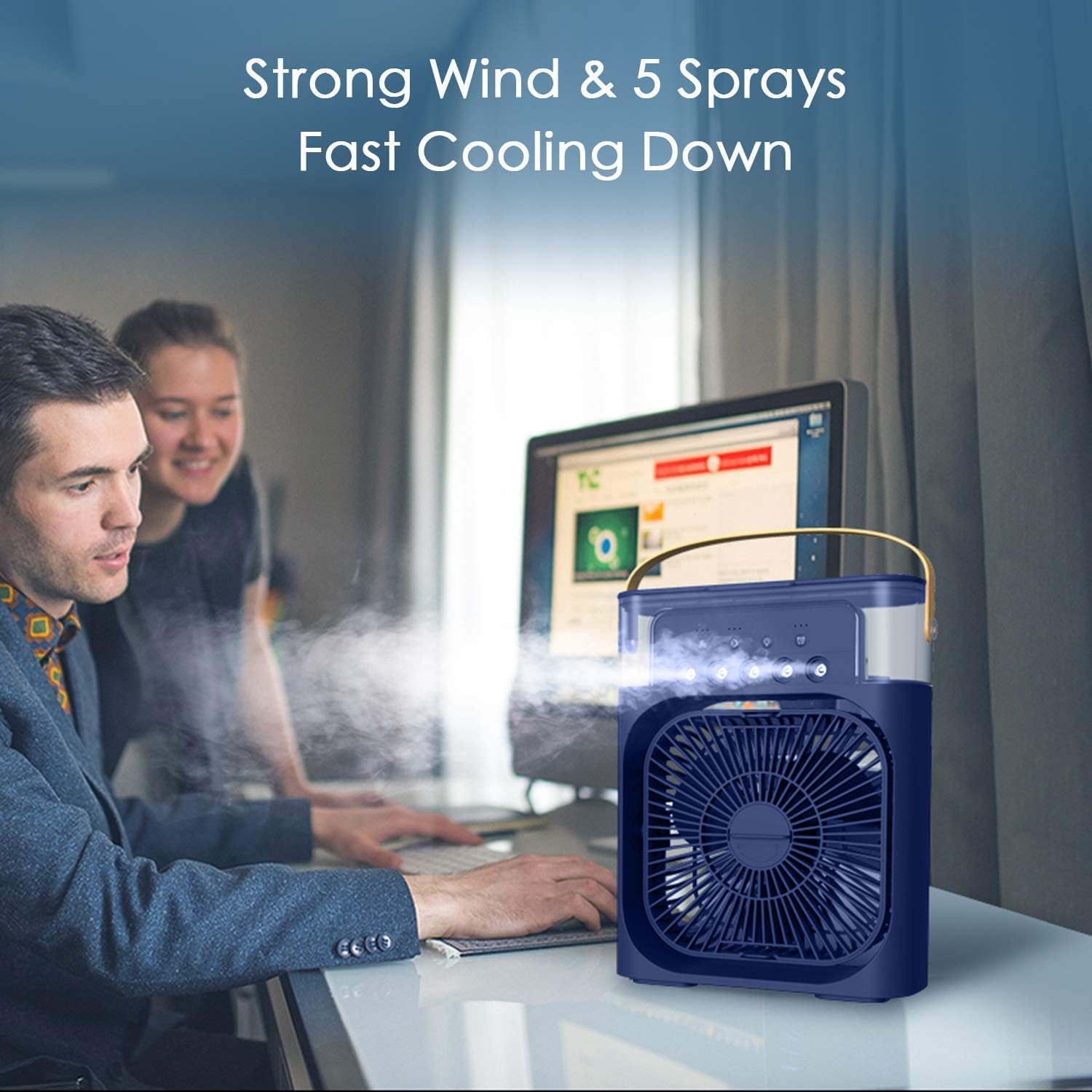 Petit refroidisseur d'air 10 W, ventilateur de refroidissement ultra-silencieux, 3 vitesses, réservoir d'eau de 500 ml, 7 lumières LED colorées, bleu - 6