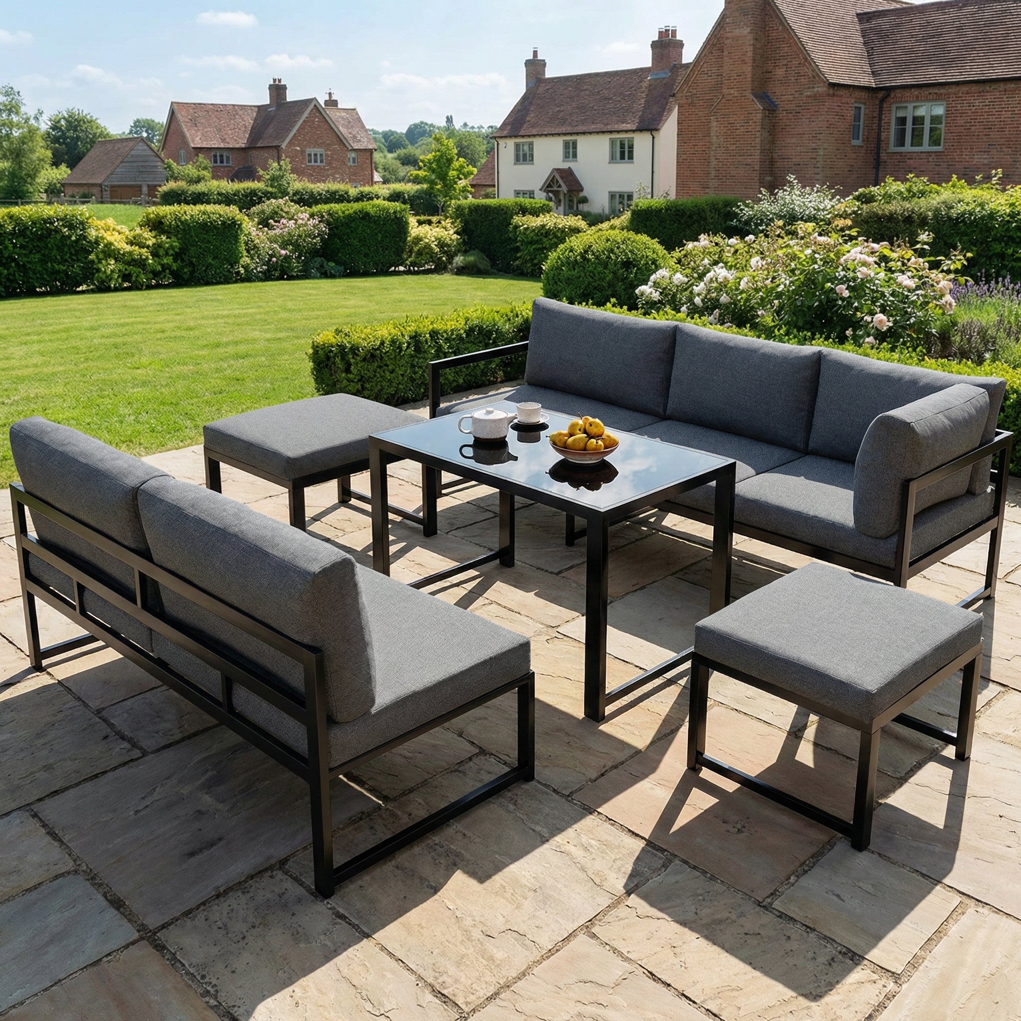 Muebles de jardín modulares de metal: 1 sofá elevable de 3 plazas + 1 sofá de 2 plazas + 2 taburetes + 1 mesa de centro de cristal - Gris + negro - 2