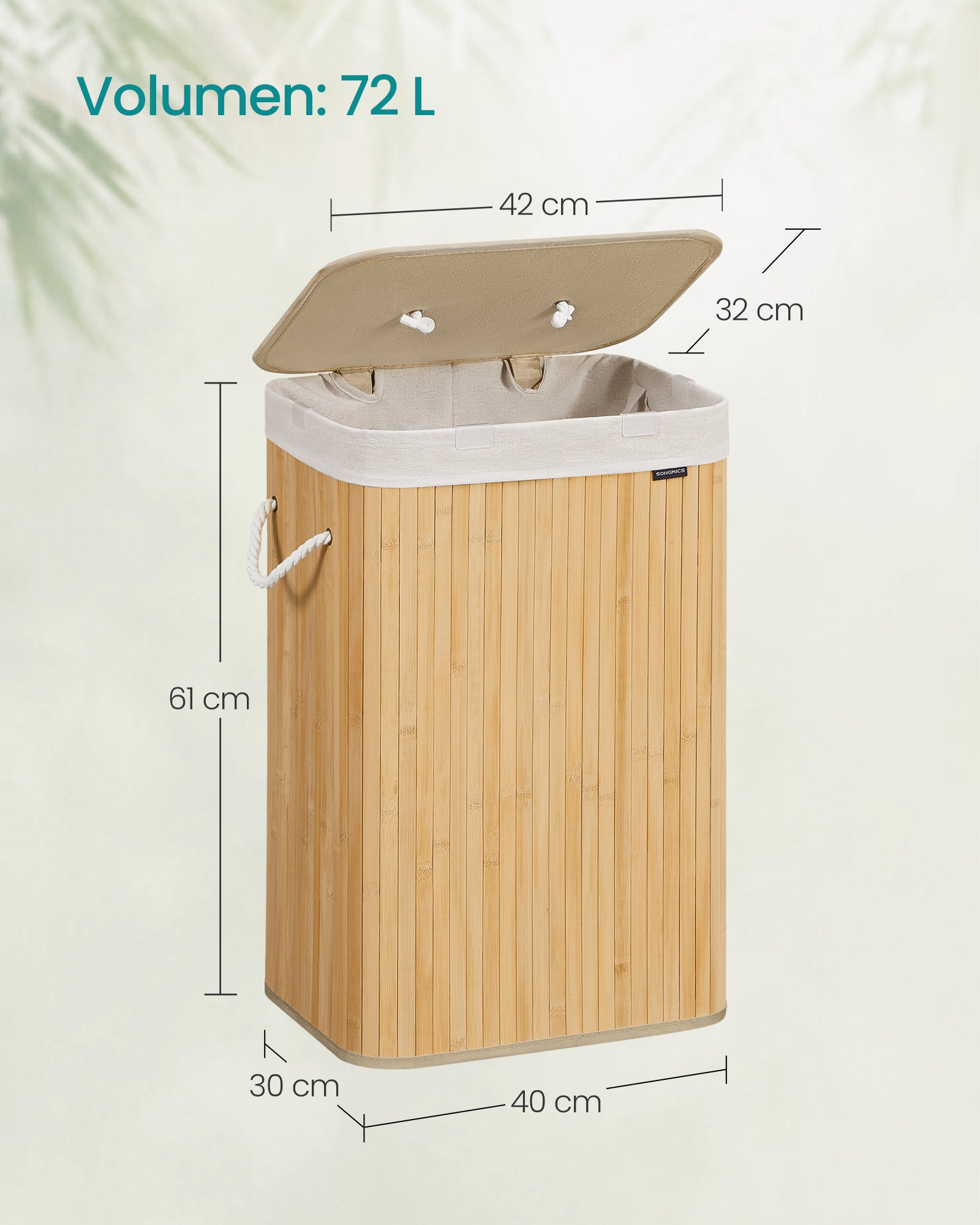 Cesto de la Ropa Sucia con Tapa, 72 L, Cesto de Lavandería de Bambú, Plegable, con Bolsa Lavable Extraíble, Asas, para Lavandería, Dormitorio, Natural - 5