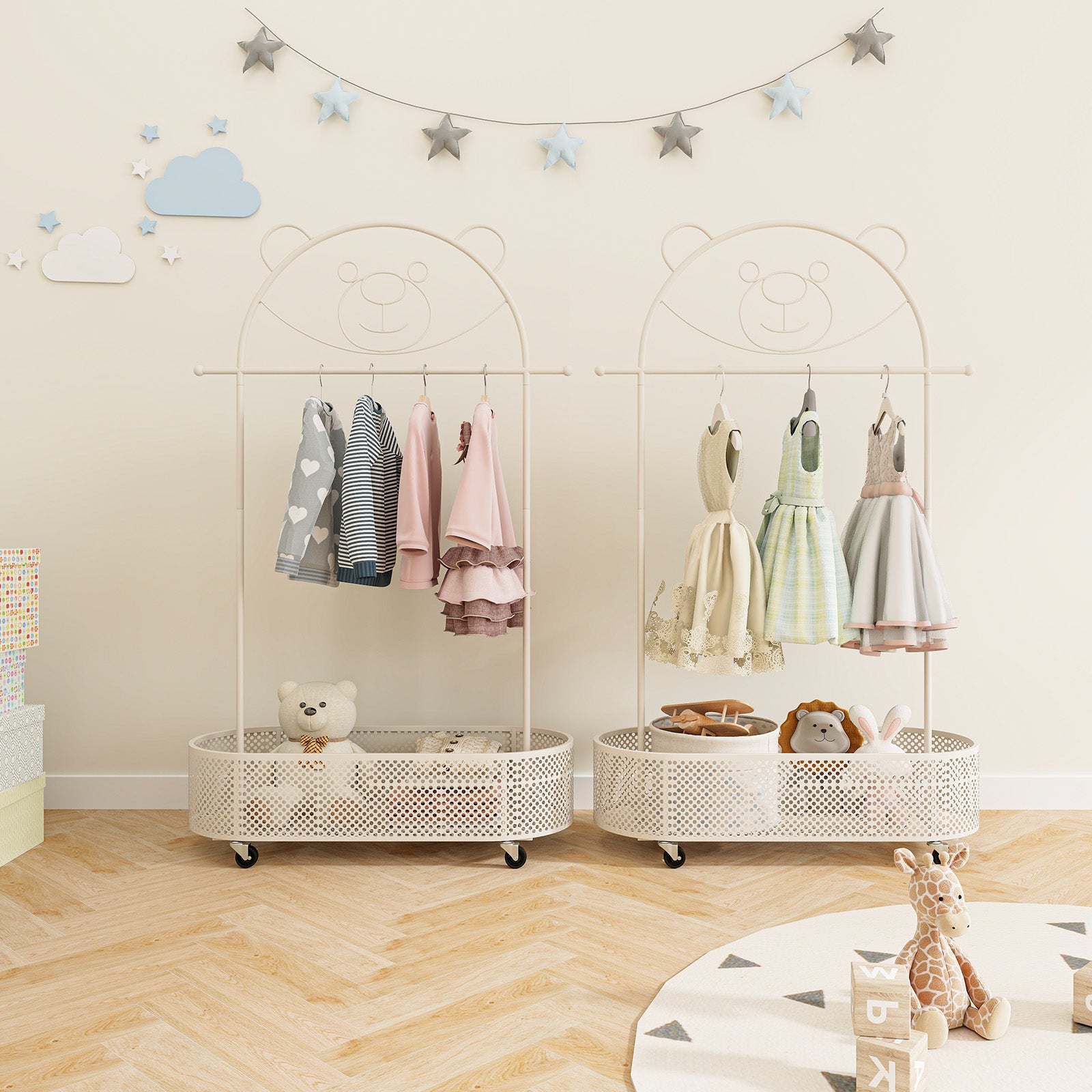 Portant à Vêtements Enfant en Forme d'Ours avec 3 Hauteurs Réglables, Garde-Robe Enfant en Métal avec Panier Inférieur Chambre d'enfant, Beige - 9