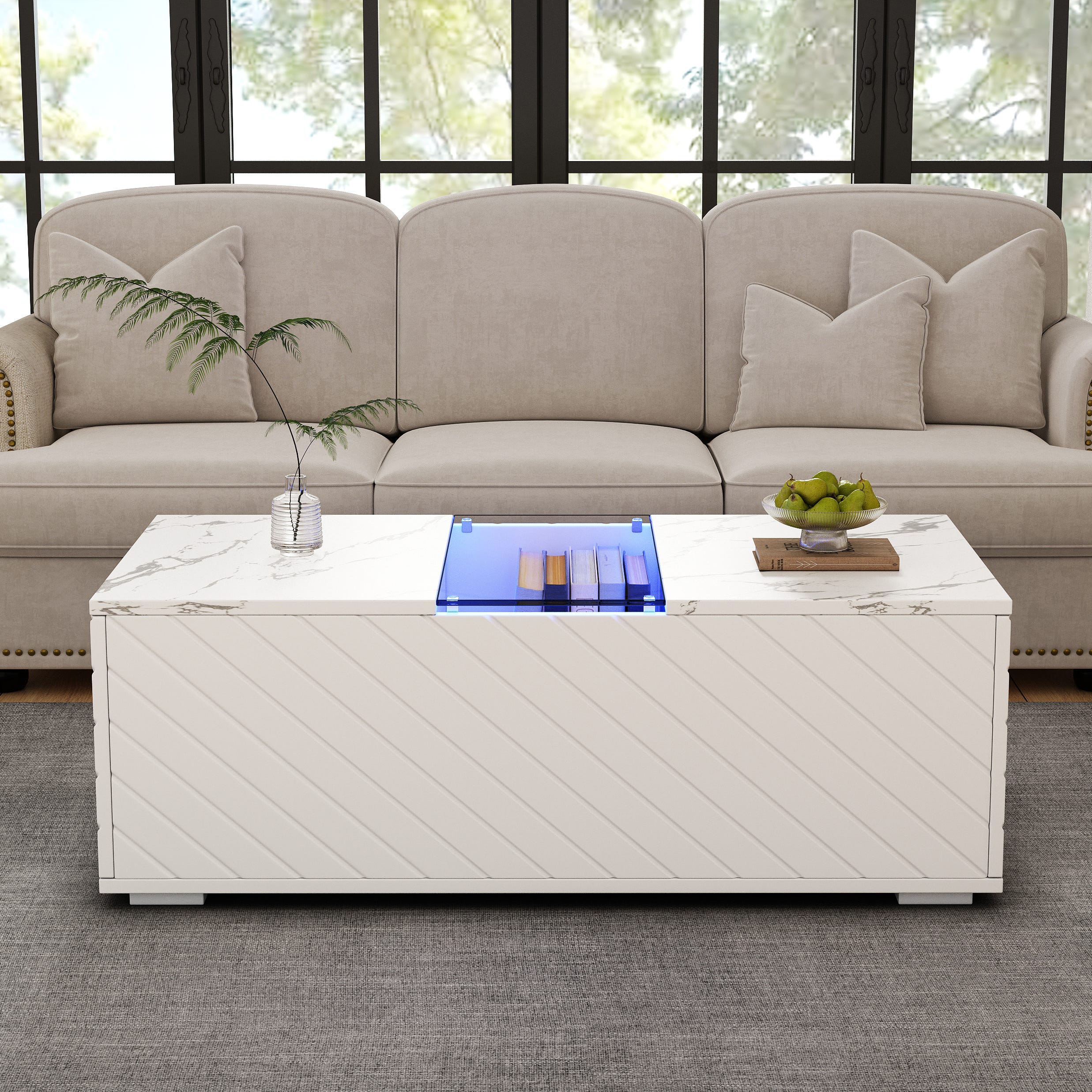 Table basse moderne - aspect marbre - avec LED et rangements - Blanc ...