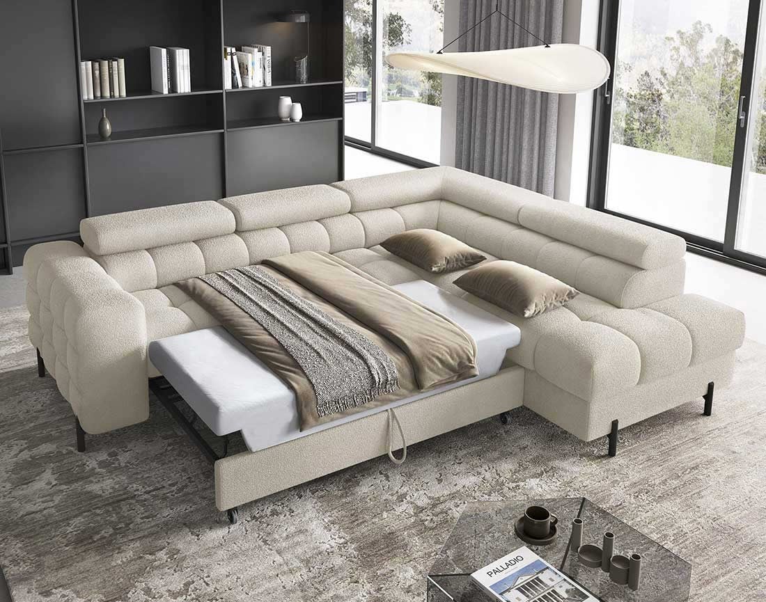 Canapé d'angle droit convertible 5 places en tissu bouclette beige - ELISA - Best Mobilier - 3