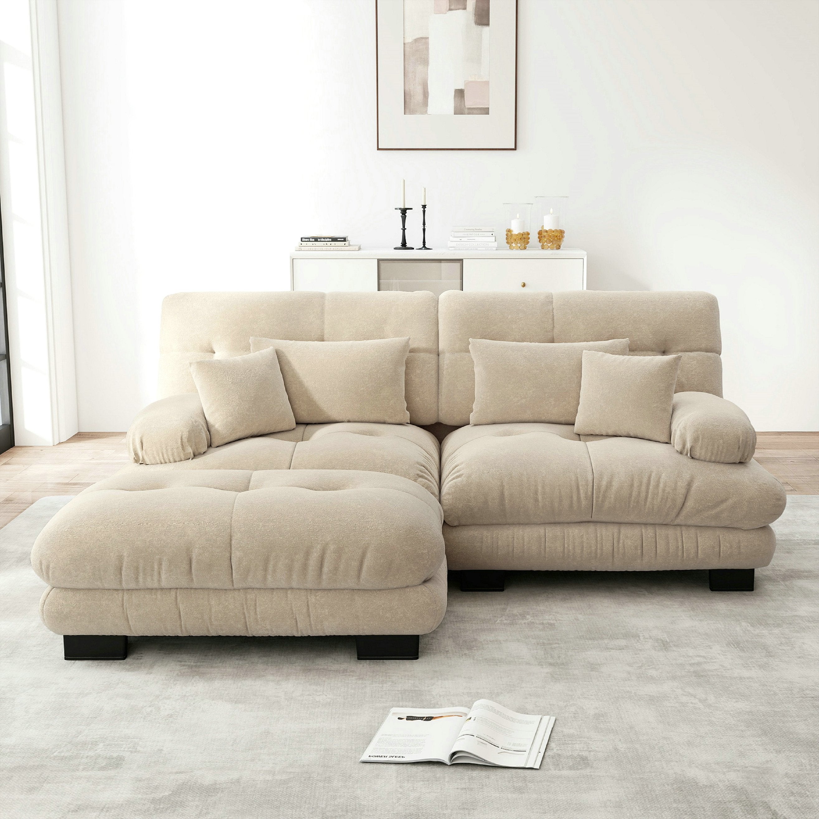 Canapé d\'angle 2 places avec 2 coussins lombaires et 2 coussins décoratifs, avec larges accoudoirs – chenille – marron clair - 3
