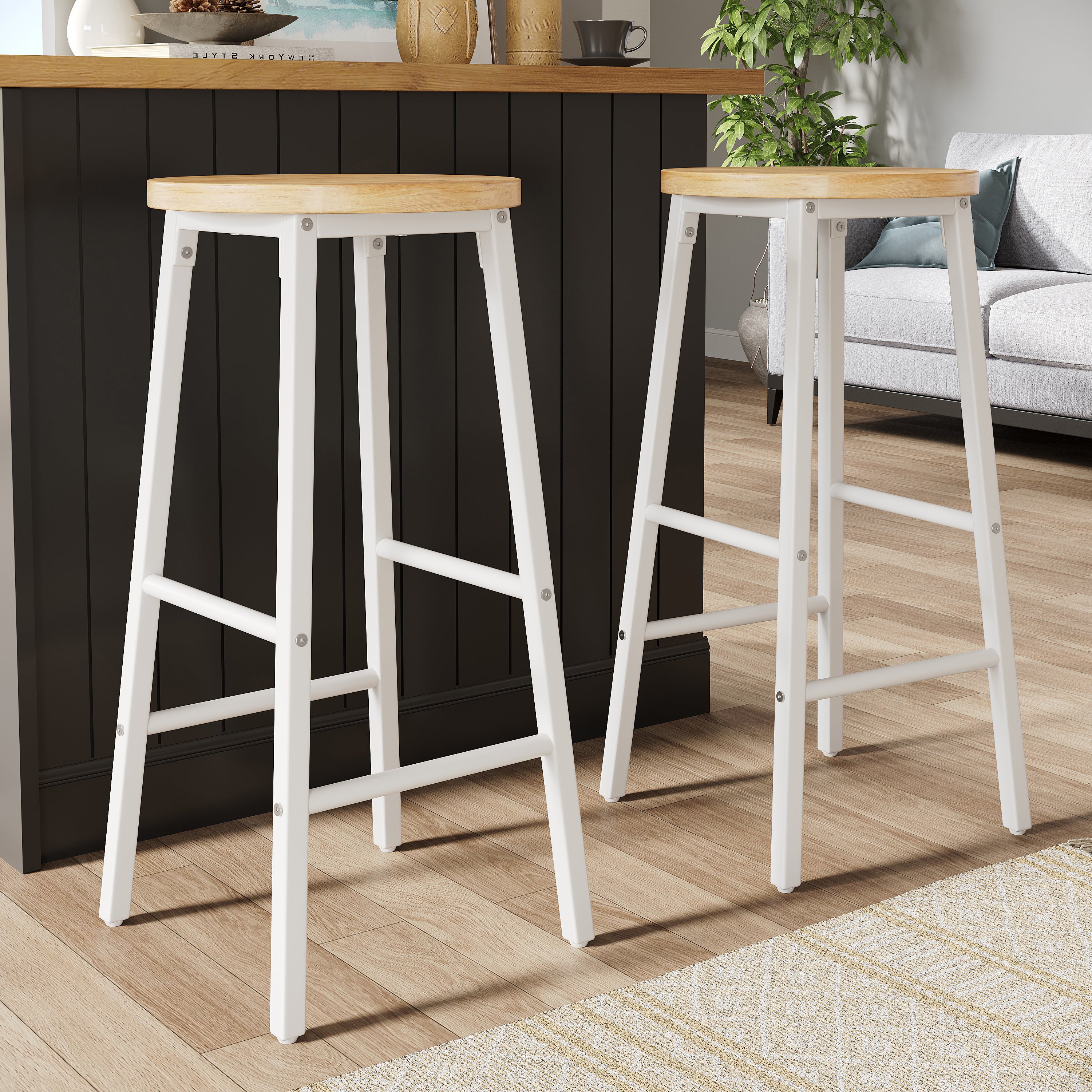 Lot de 2 Tabouret de bar avec repose-pieds et pieds réglables - MDF/métal - 30 x 30 x 63 cm - Blanc + bois naturel - 2