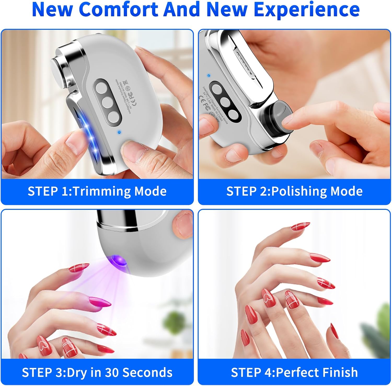 Coupe-ongles intelligent à 3 vitesses réglables pour personnes âgées -rechargeable par USB avec lumière LED et compartiment de récupération des débris - 4