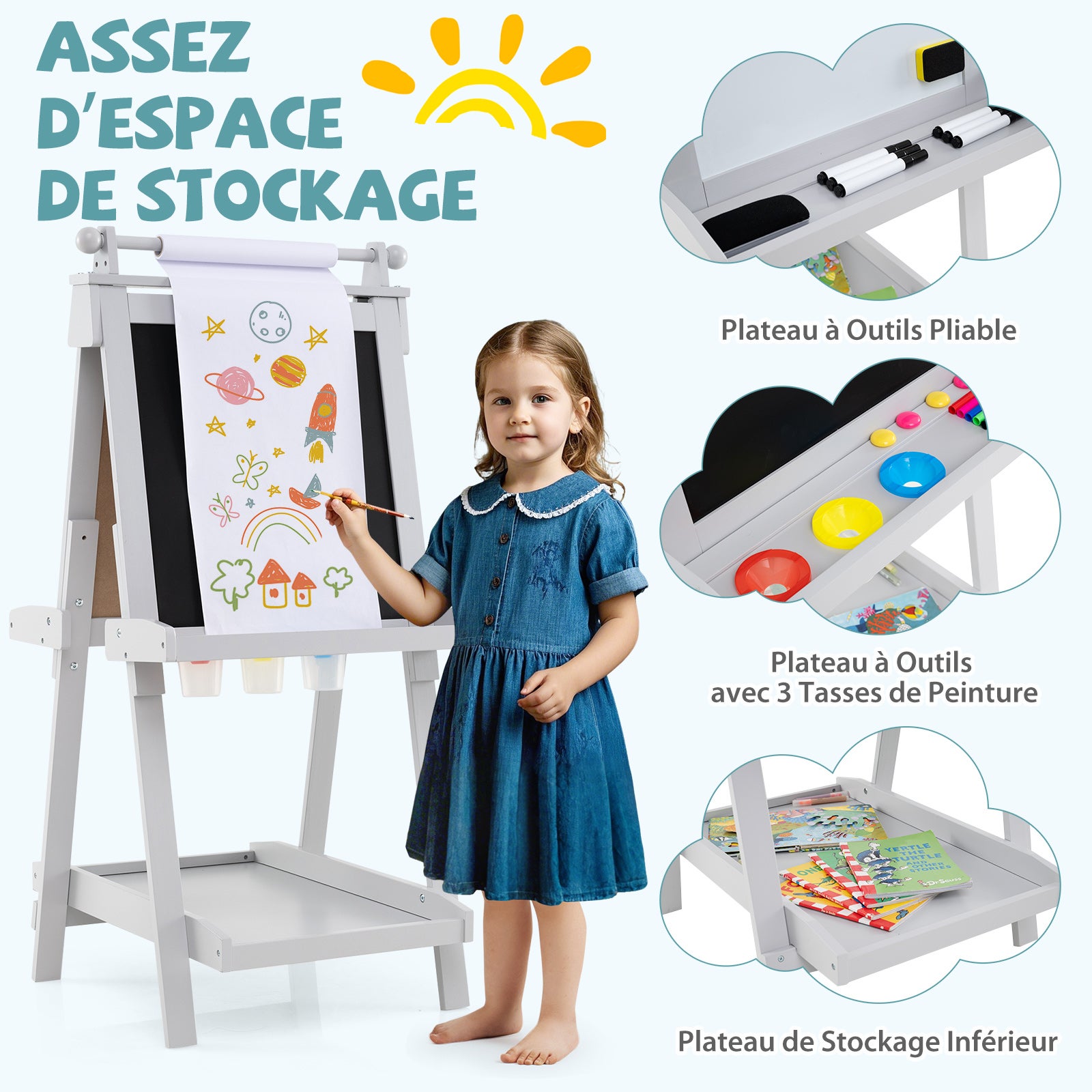 Chevalet Pliable pour Enfants, Double Face avec Tableau Noir et Tableau Blanc Magnétique, Rouleau de Papier Remplaçable, 3 Gobelets, Gris - 2