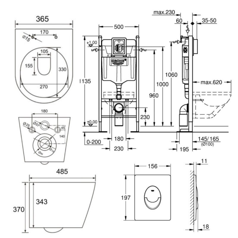 Grohe Pack WC Bâti autoportant + WC sans bride SAT Infinitio + Abattant softclose + Plaque blanc alpin (ProjectInfinitio-3) - 3