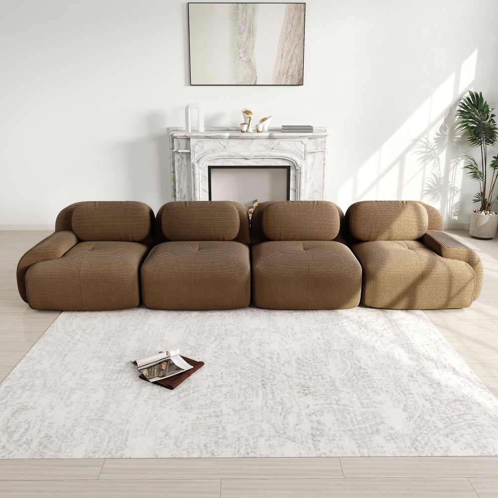 Sofa 4-osobowa, sztruksowa, nie wymaga montażu, tapicerka wysoce elastyczna, modułowa, brązowa