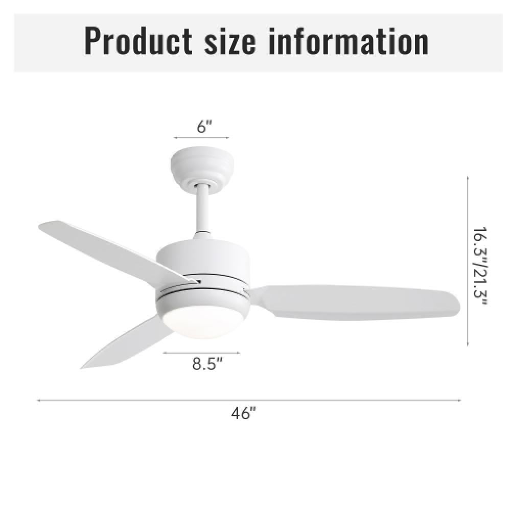 Ventilatore a soffitto LED 46 pollici Bianco – 3 pale ABS, 6 velocità, motore DC, telecomando multifunzione, 3 colori della luce - 3