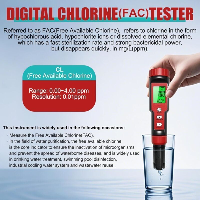 pH Chlore Mètre Piscine 7-en-1, Testeur pH/Chlore/Salinité/ORP/TDS/EC/T°, qualité eau haute précision avec ATC pour piscines, eau potable, hydroponie - 4
