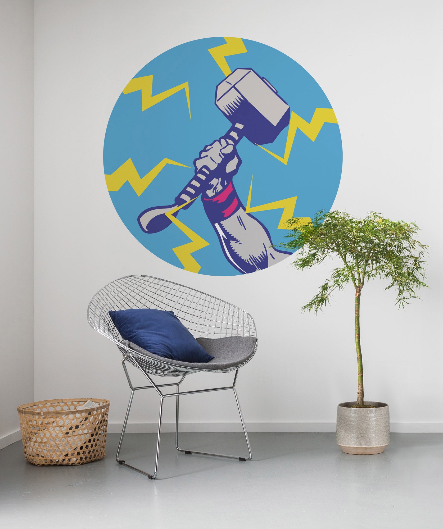 Papel pintado panorámico redondo en tela no tejida autoadhesiva de komar - marvel avengers thor's hammer pop art - talla: ⌀125 cm
