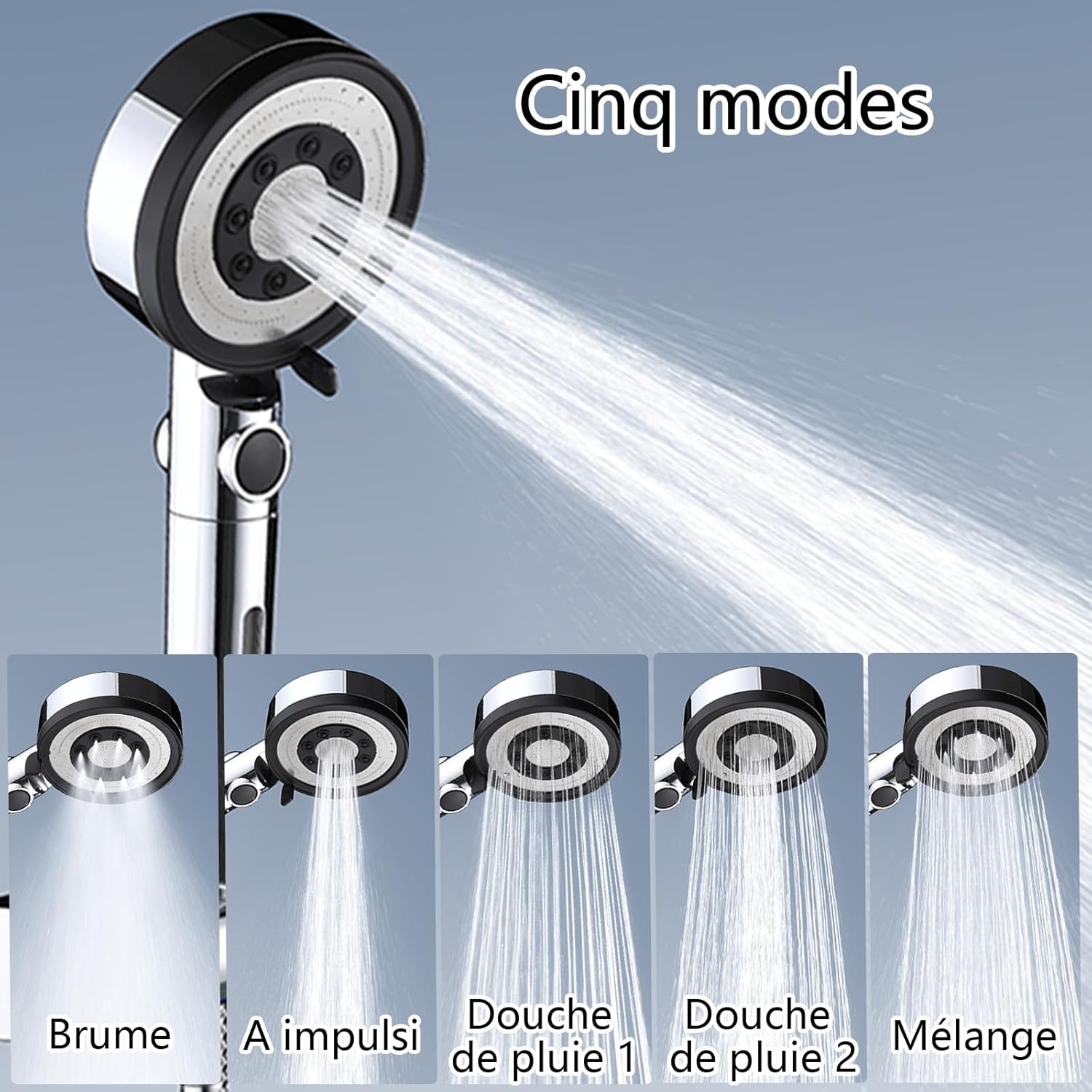 Pommeau de douche avec 3 filtres PP anticalcaire haute pression, pommeau de douche de salle de bain avec 5 modes de jet, (sans flexible ni support) - 4