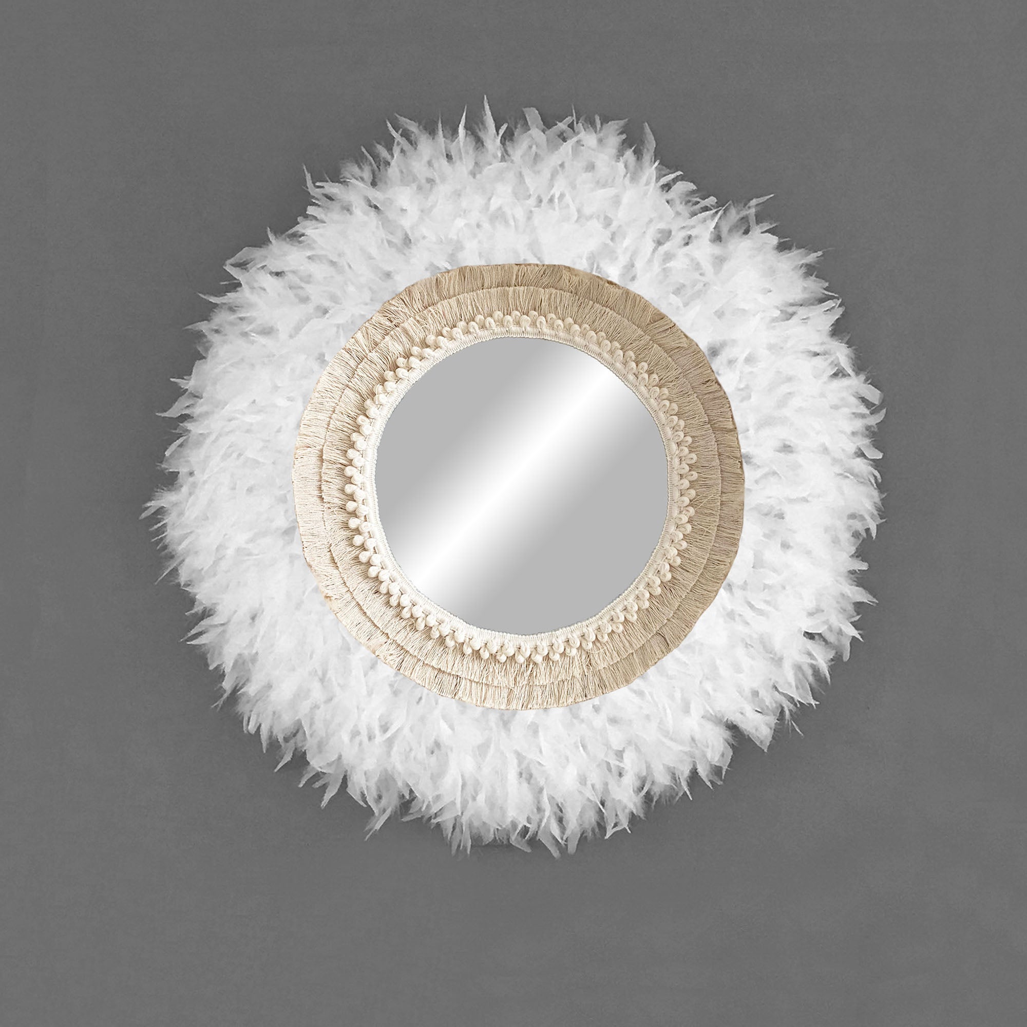 Espejo de pared redondo decorativo con plumas naturales - mirror boho blanco 50cm