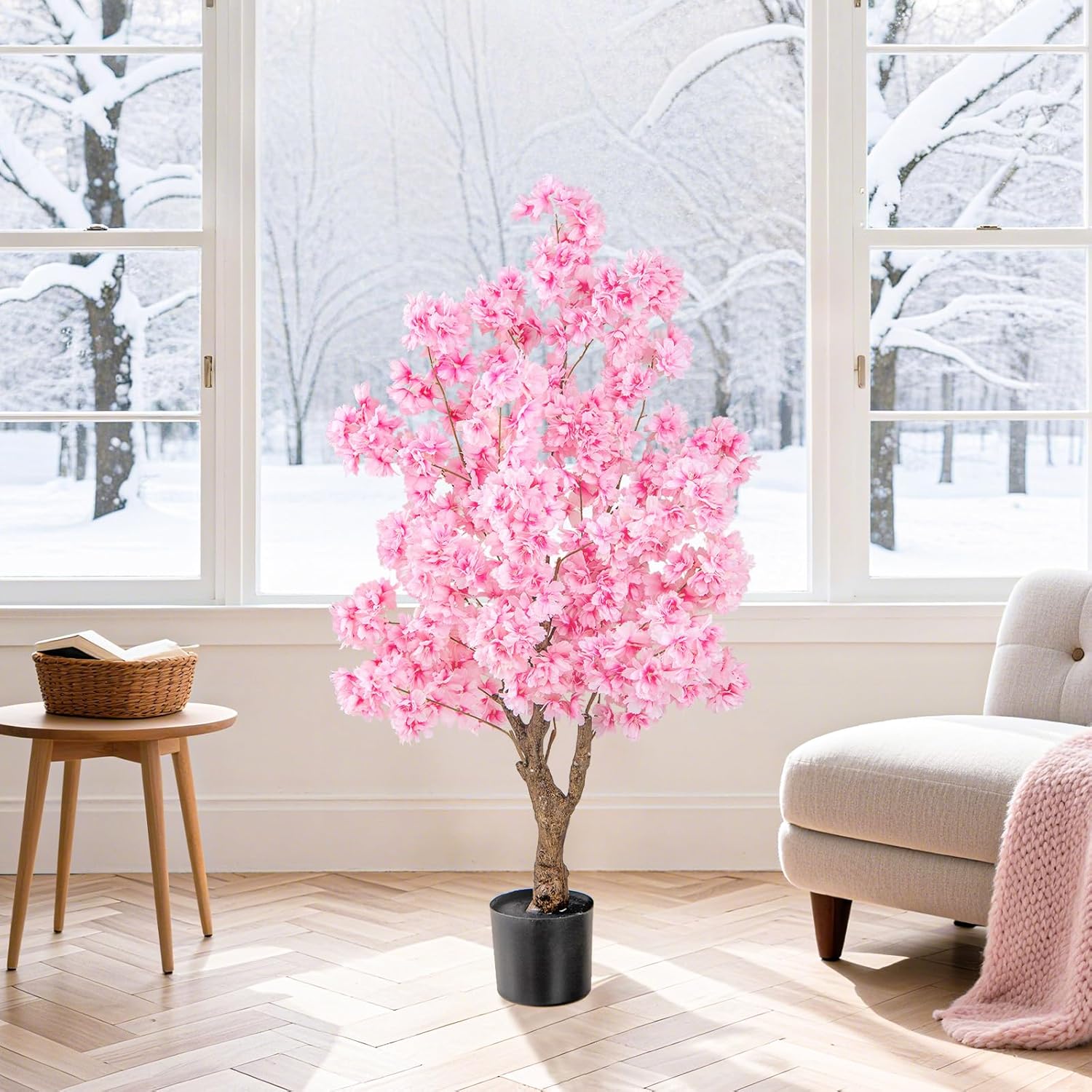 Árvore artificial de cerejeira, altura 118 cm, planta Sakura com 96 flores cor-de-rosa, vaso revestido com cimento, tronco com veios realistas - 2
