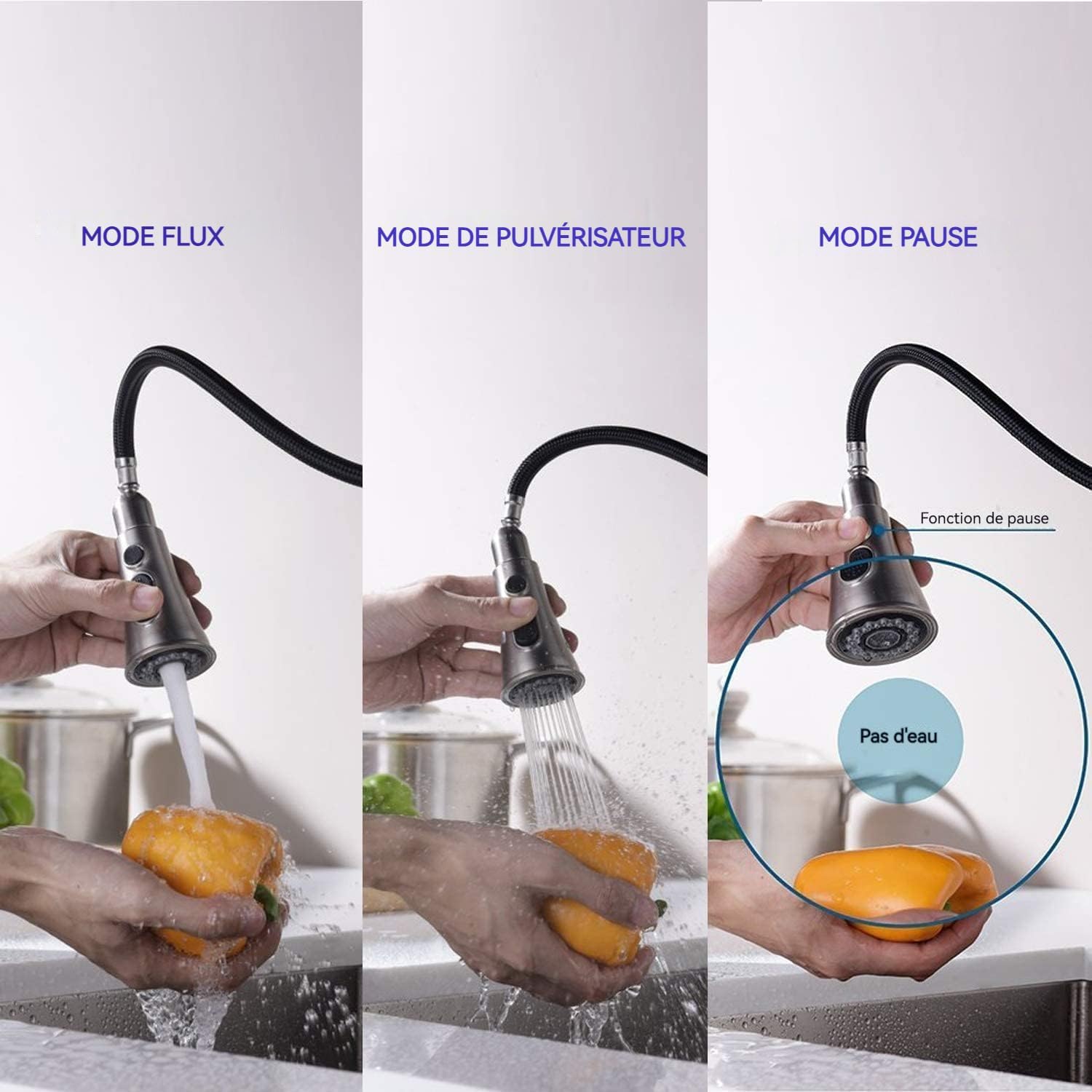 Robinet de cuisine avec douchette | Mitigeur extractible, 2 jets, pivotant à 360°, robinet de cuisine en inox - 4