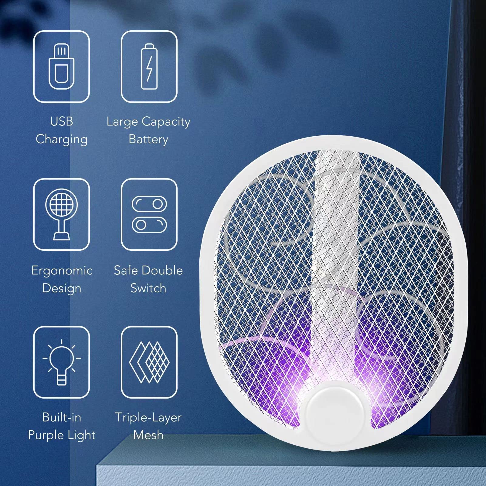 Zapper anti-moustiques, tapette à mouche électrique pliable, Rechargeable par USB, tueur de moustiques d'intérieur et tueur d'insectes - 7