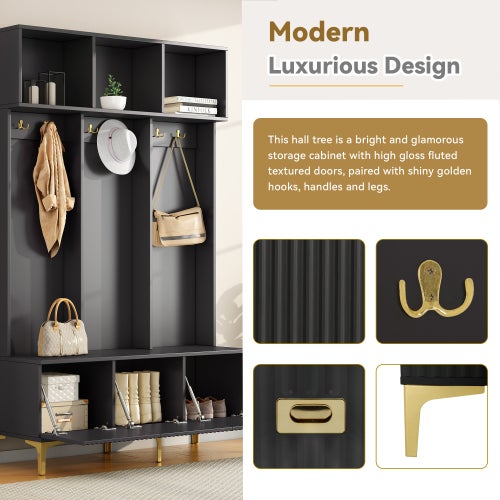 Ensemble armoire avec banc, banc de rangement multifonctionnel, rangement ouvert, 6 crochets, convient pour couloir, salon L120/P40/H191,5CM - 6