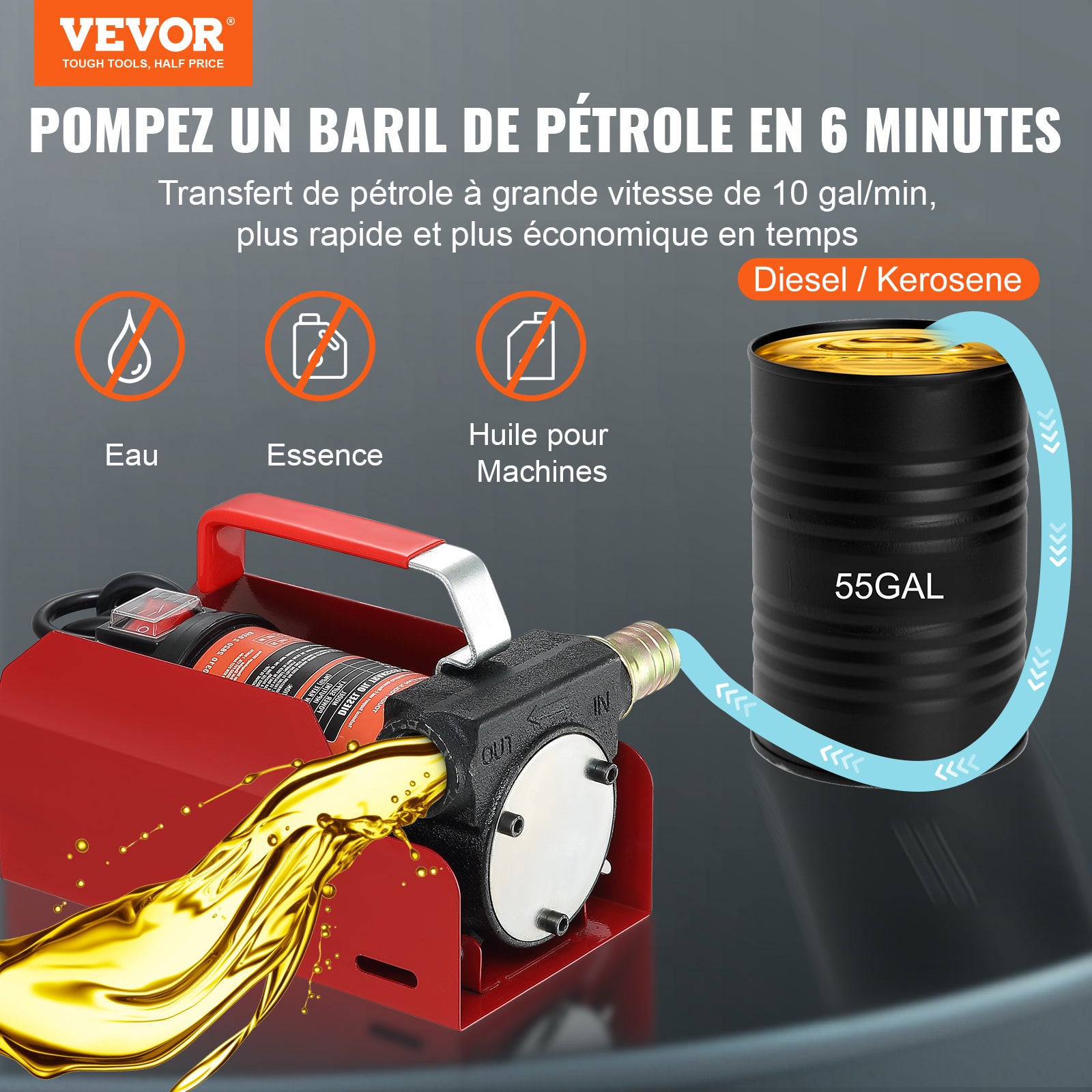 Pompe Transfert Diesel VEVOR 12V 37,8 L/min Pompe Carburant Électrique Buse Auto-Stop Tuyaux Aspiration & Rejet pour Gasoil Huile Kérosène - 2