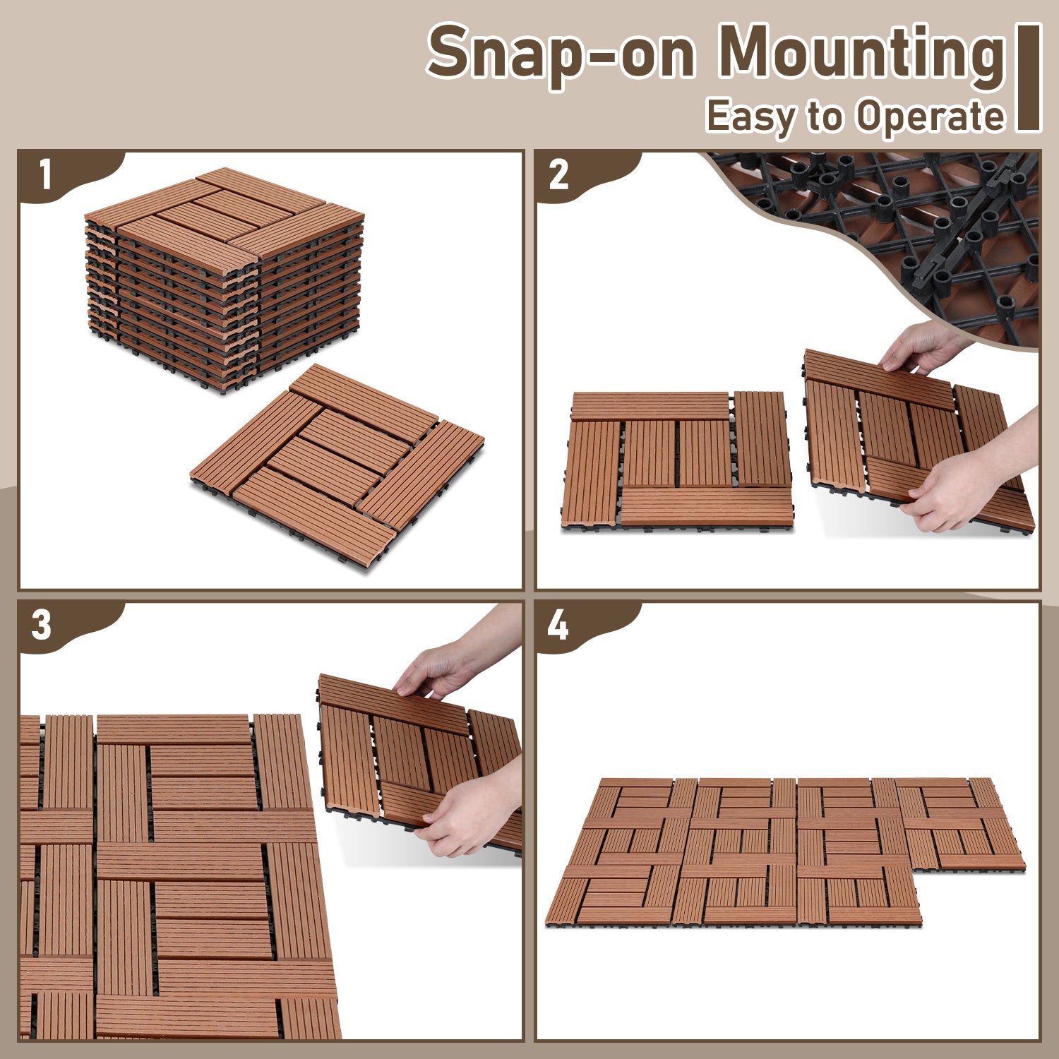 22 pièces WPC Dalles de terrasse 6 lattes 2 m², 30 x 30 cm, Dalles clipsables Composite bois Marron - 3