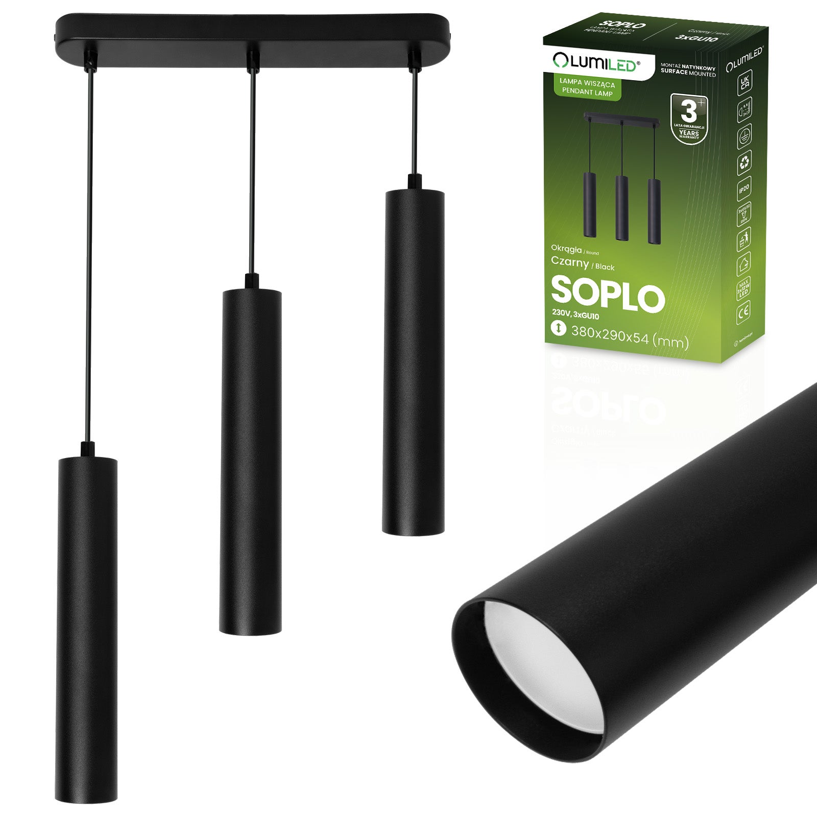 Lampa Wisząca Lumiled Sufitowa Zwis 29cm Reflektor 3x GU10 LED Czarny 1 szt.
