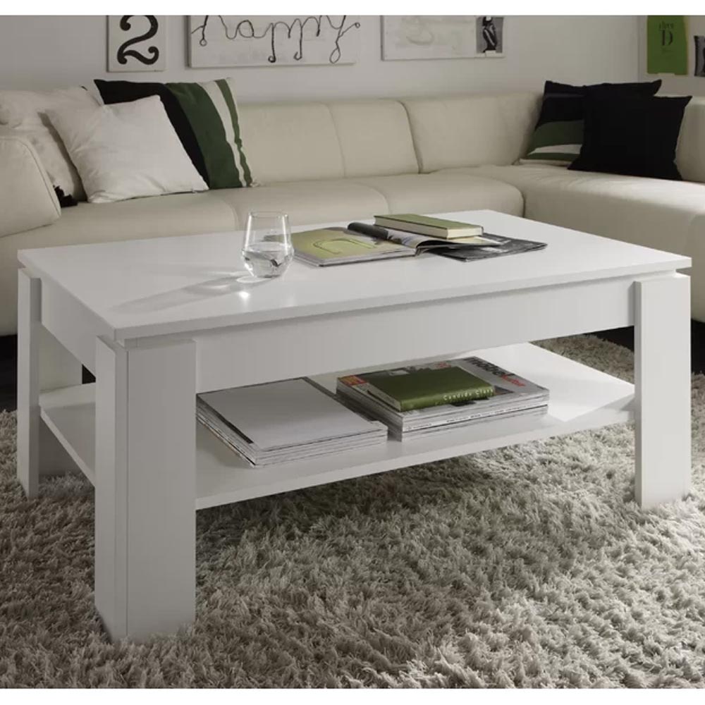 Tavolino Soggiorno con Rialzo Contenitore Tavolo Salotto Moderno Apribile Bianco - 5