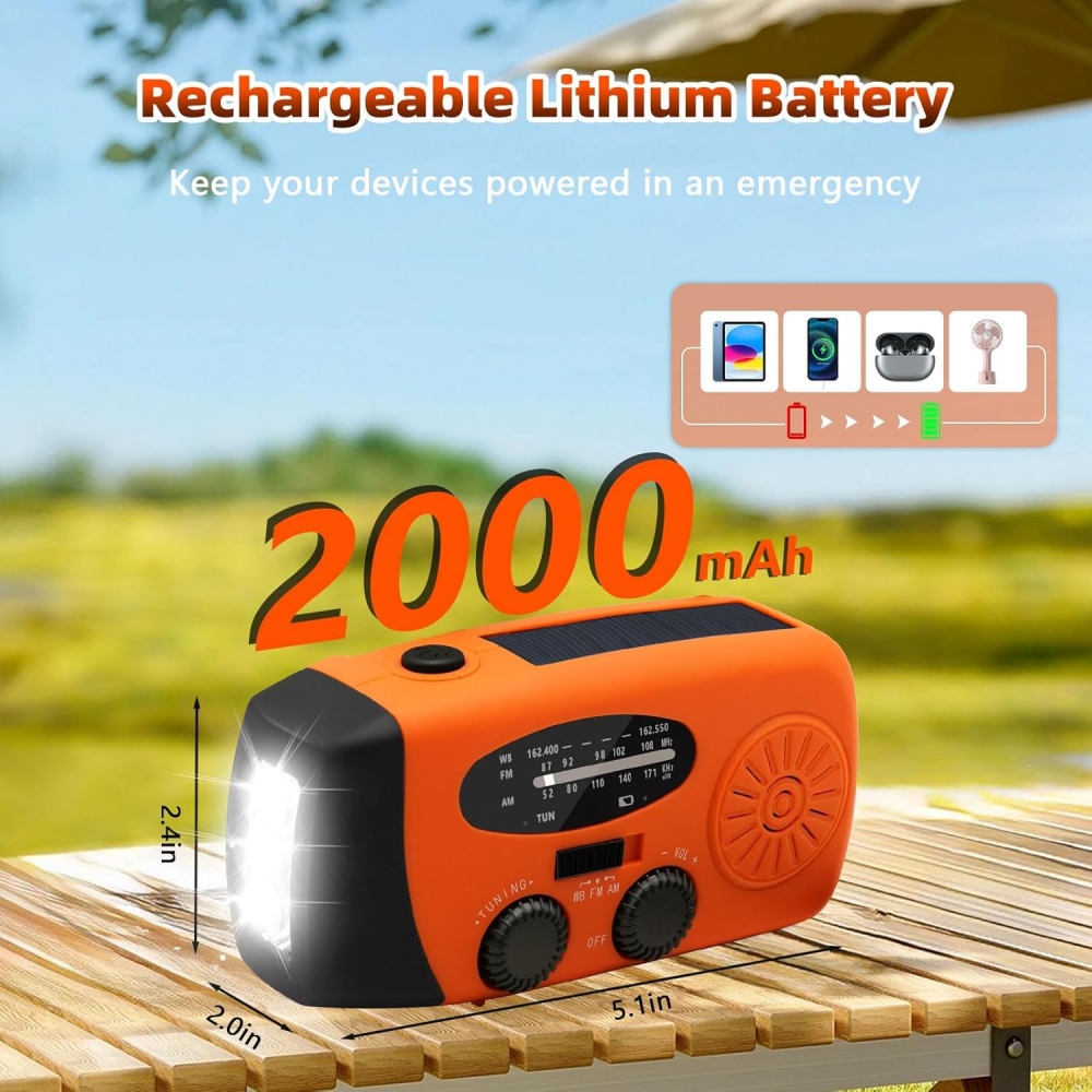 Przenośne radio awaryjne – Power Bank 2000 mAh – Radio awaryjne zasilane bateryjnie (ładowalne) – Na kemping i na wypadek klęsk żywiołowych – Pomarańc - 3