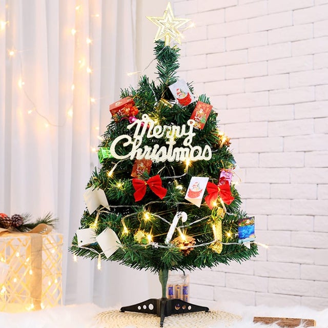 Choinka stołowa 60 cm - Miniaturowe sztuczne choinki z lampkami - Ozdoby i czubek choinki - Dekoracje świąteczne