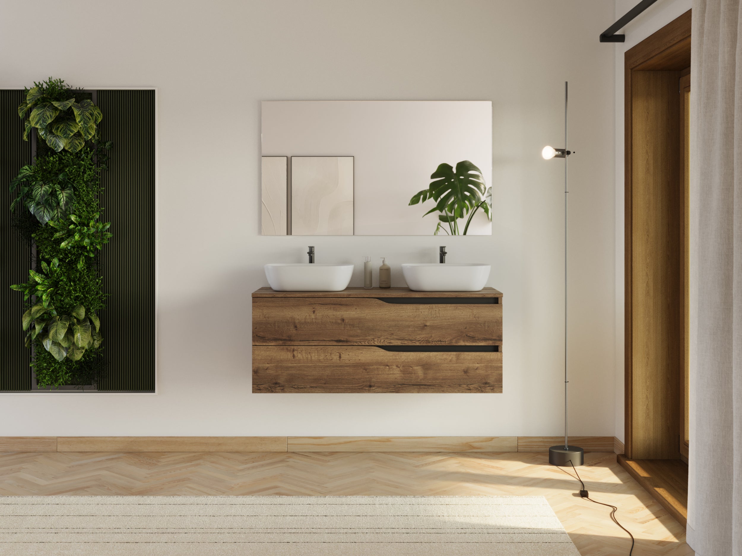 Meuble de salle de bain 120cm avec plateau et 2 vasques à poser Zeus - 2 tiroirs - sans miroir - tabaco (chêne foncé) - LUNA - 3