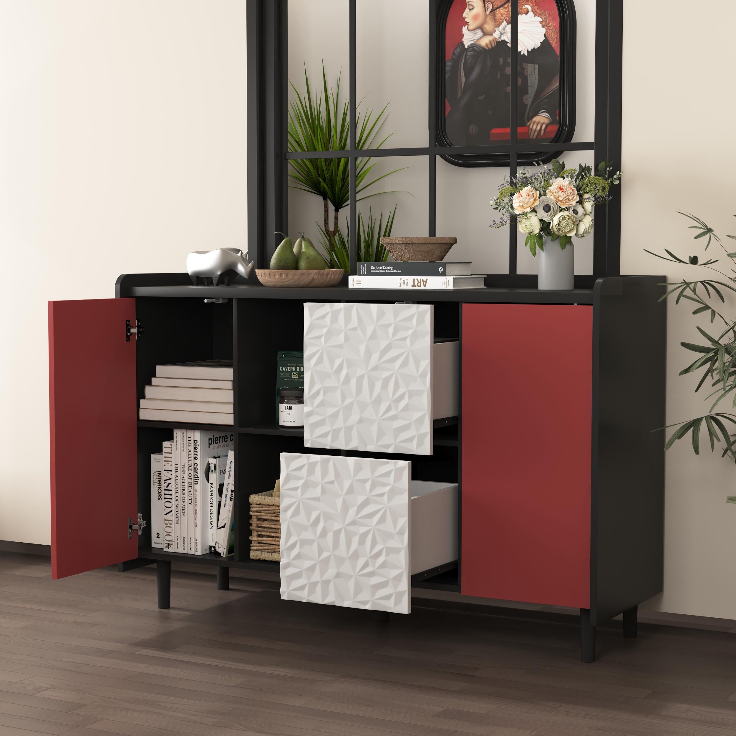 Bufet Sideboard Moderne - 40x120x80 cm (T x B x H) z 2 szufladami i otwartym schowkiem, elegancki mebel do kuchni, jadalni i salonu - 2