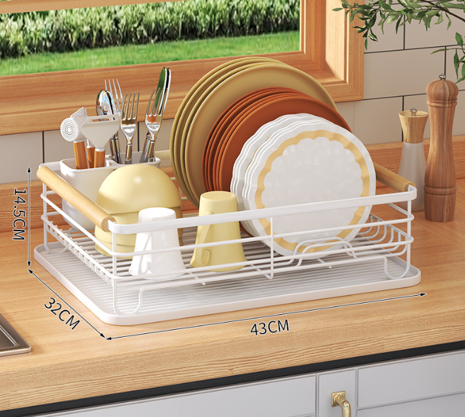 Escurreplatos de Acero Inoxidable con Soporte para Utensilios Extraible, Portavasos y Estante de Gran Capacidad - 43x32x14.5cm (Blanco) - 3